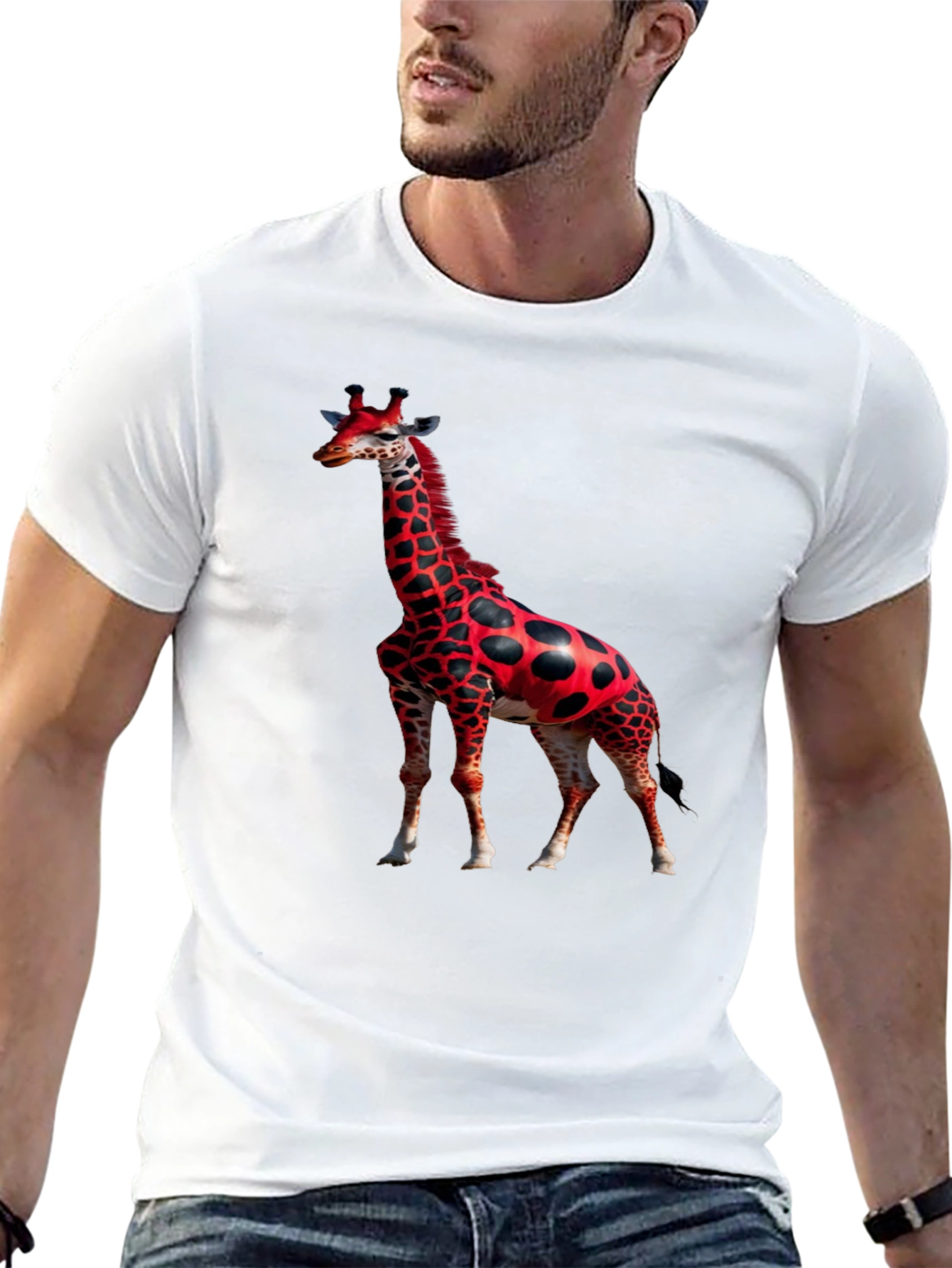 Red Giraffe Print Black T-Shirt
