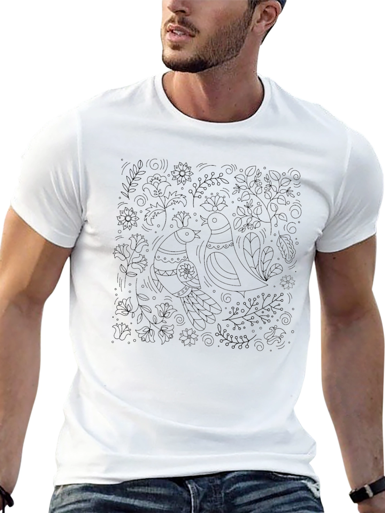 Artistic Black T-Shirt with Bird and Floral Design