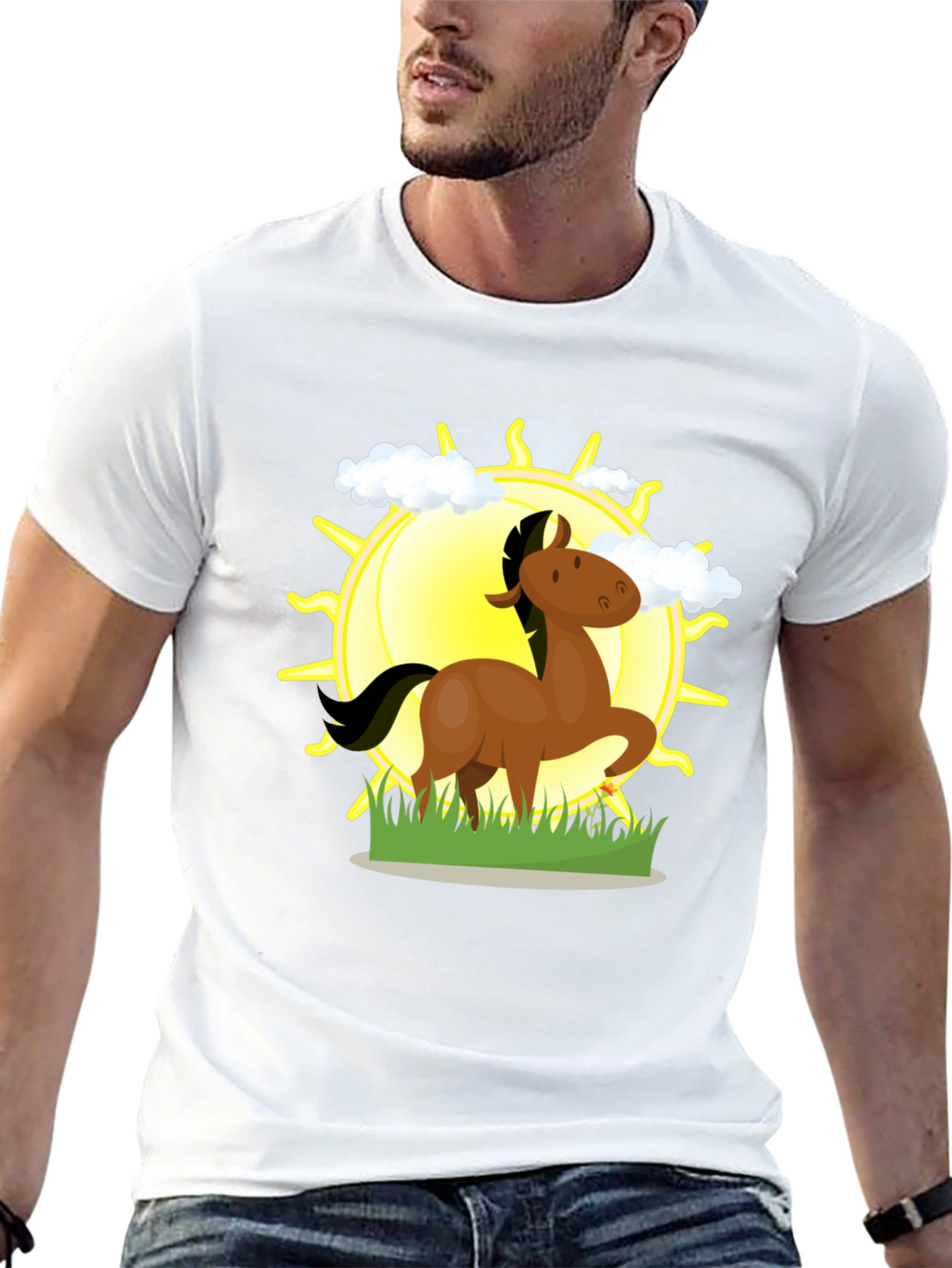 Cartoon Horse & Sun Graphic Black T-Shirt