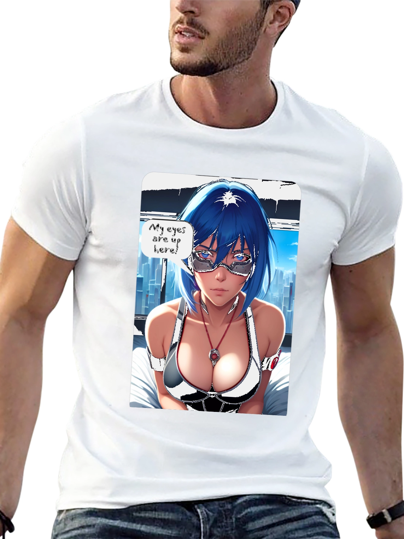 Anime Girl Eyes Up Here Graphic Tee - Black