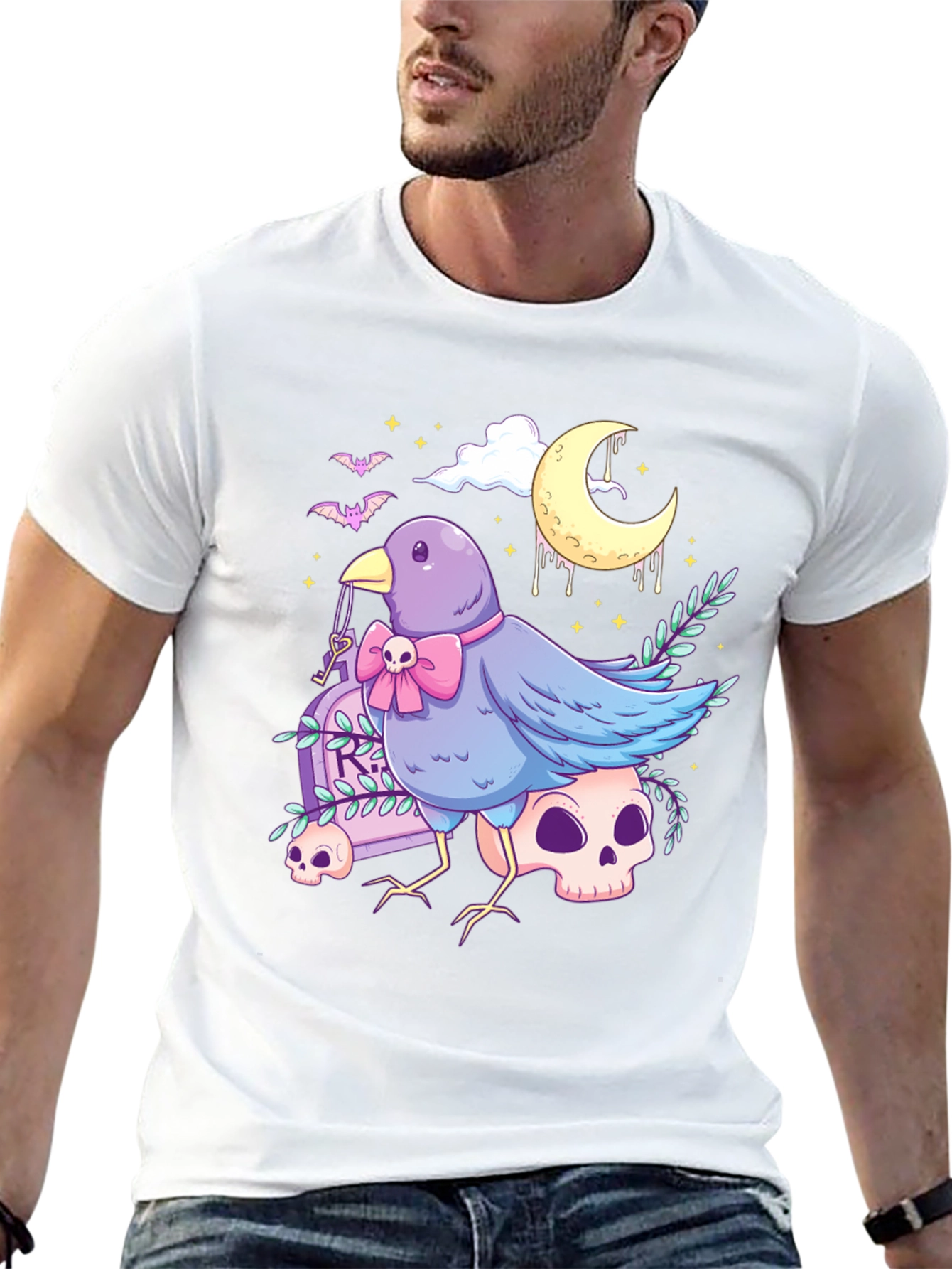 Gothic Bird Graphic Tee - Skull & Moon Design