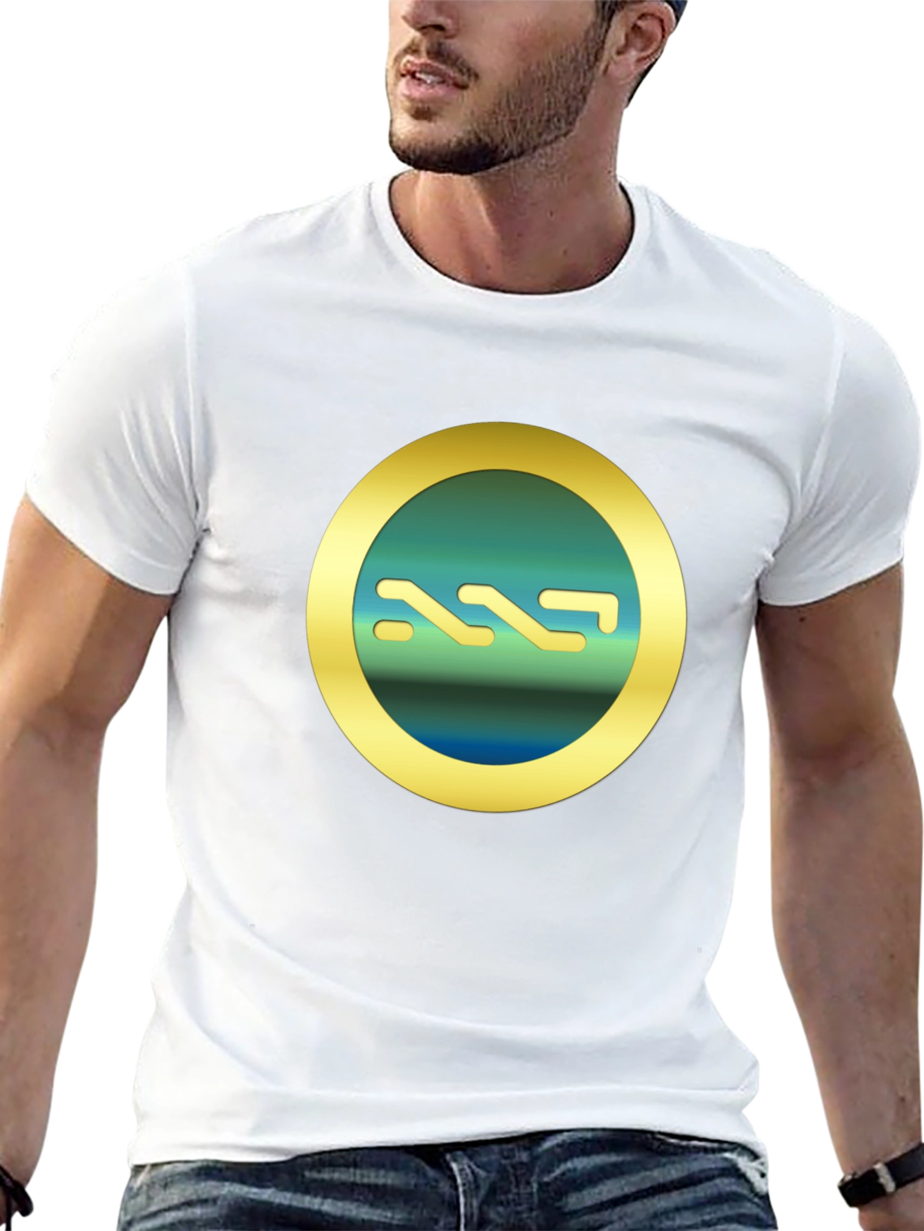 Mens Black T-Shirt with Gold Circle Emblem