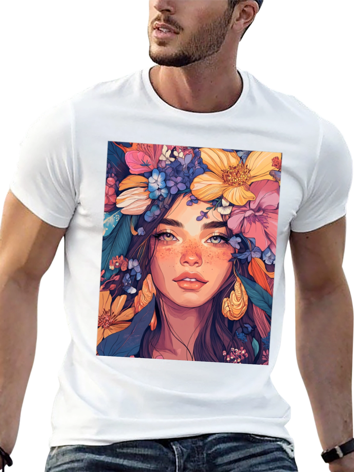 Floral Goddess Graphic Tee - Artistic Womens T-Shirt