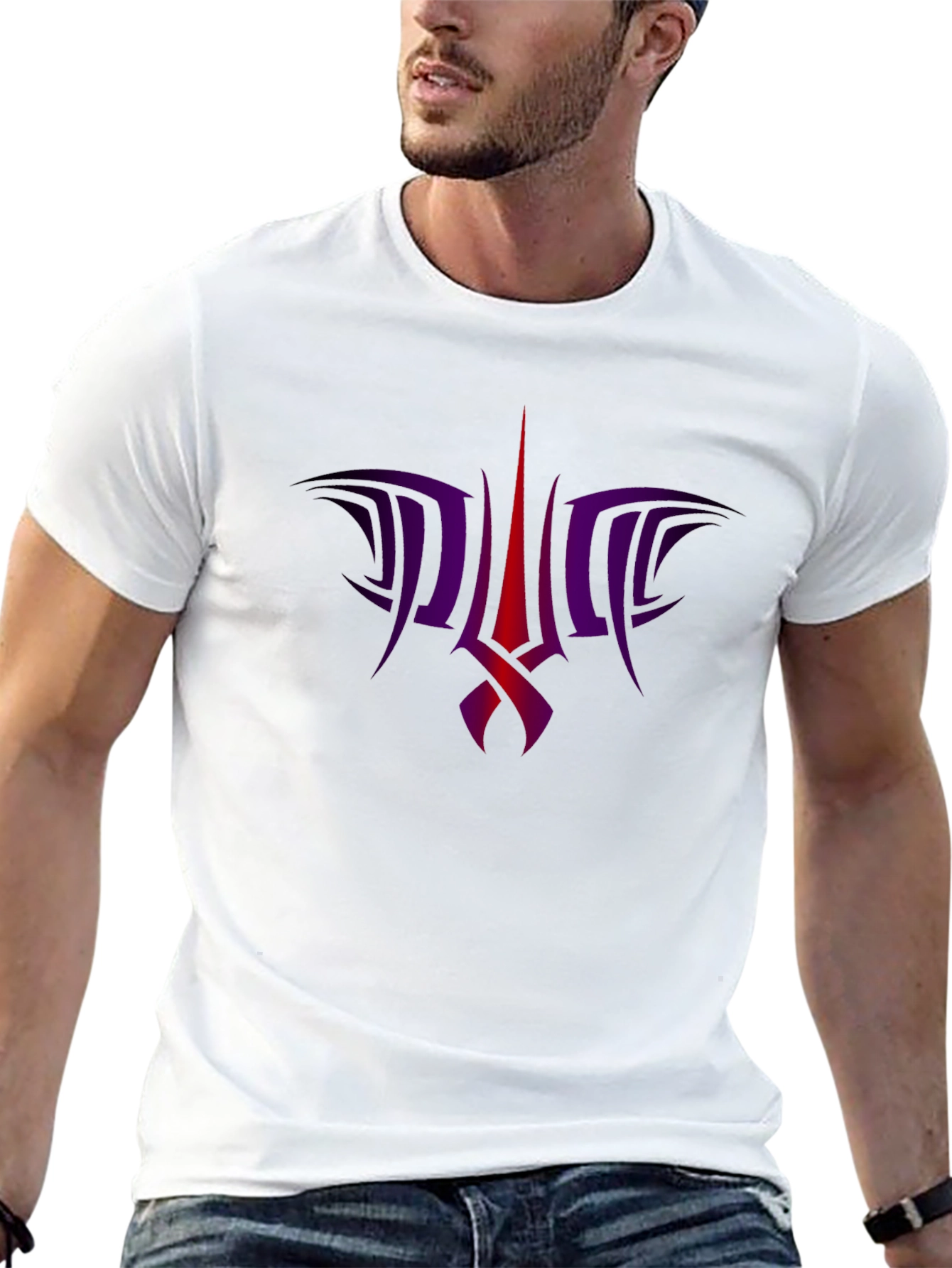 Black Tee with Abstract Purple & Red Graphic