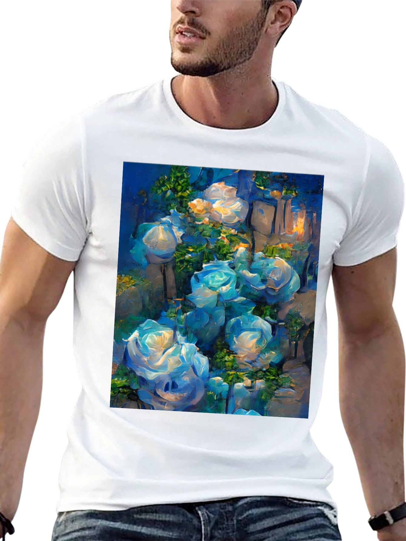 Blue Roses Graphic Tee - Artistic Floral Print