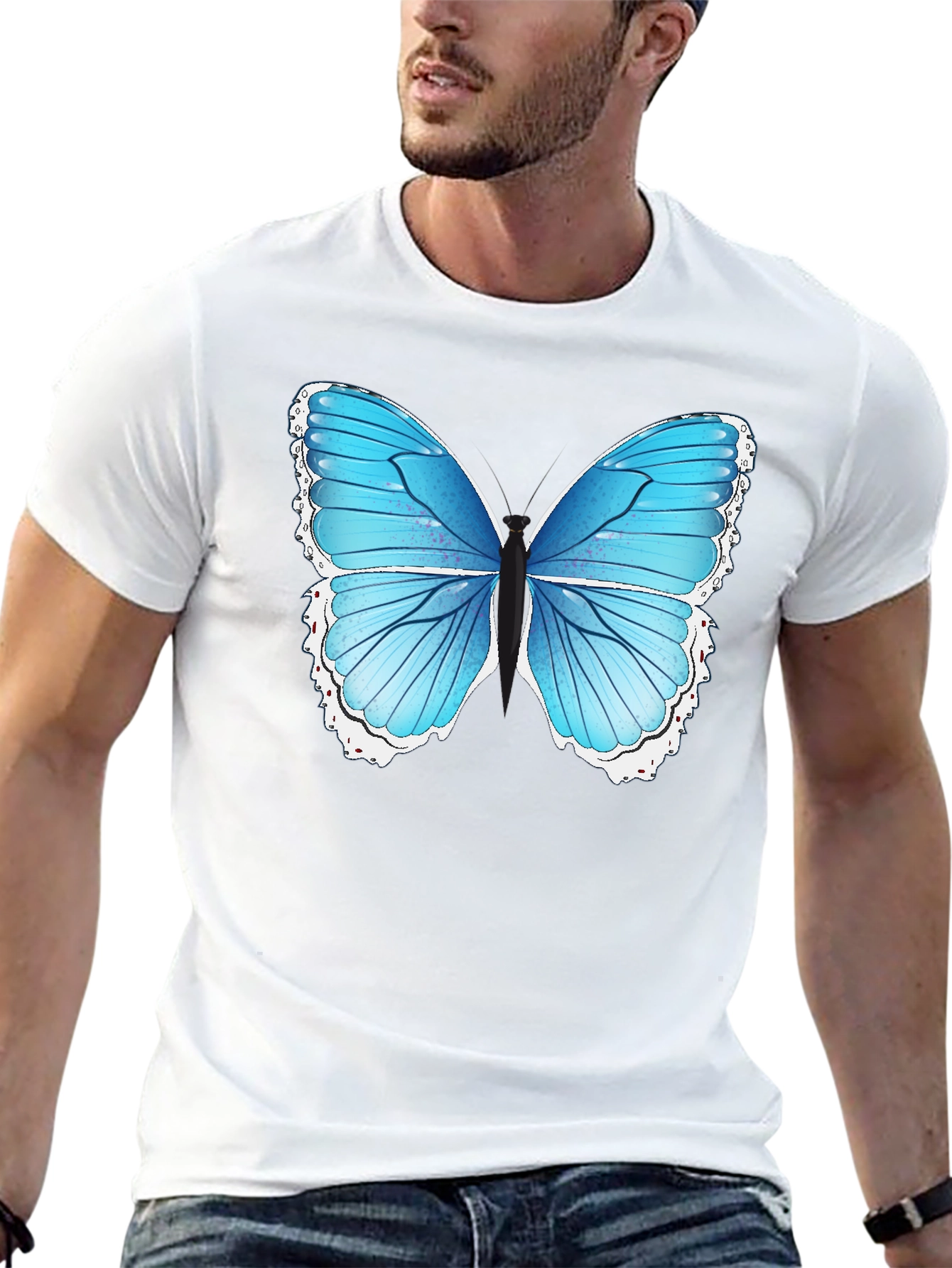 Blue Butterfly Graphic Tee - Black Cotton Blend