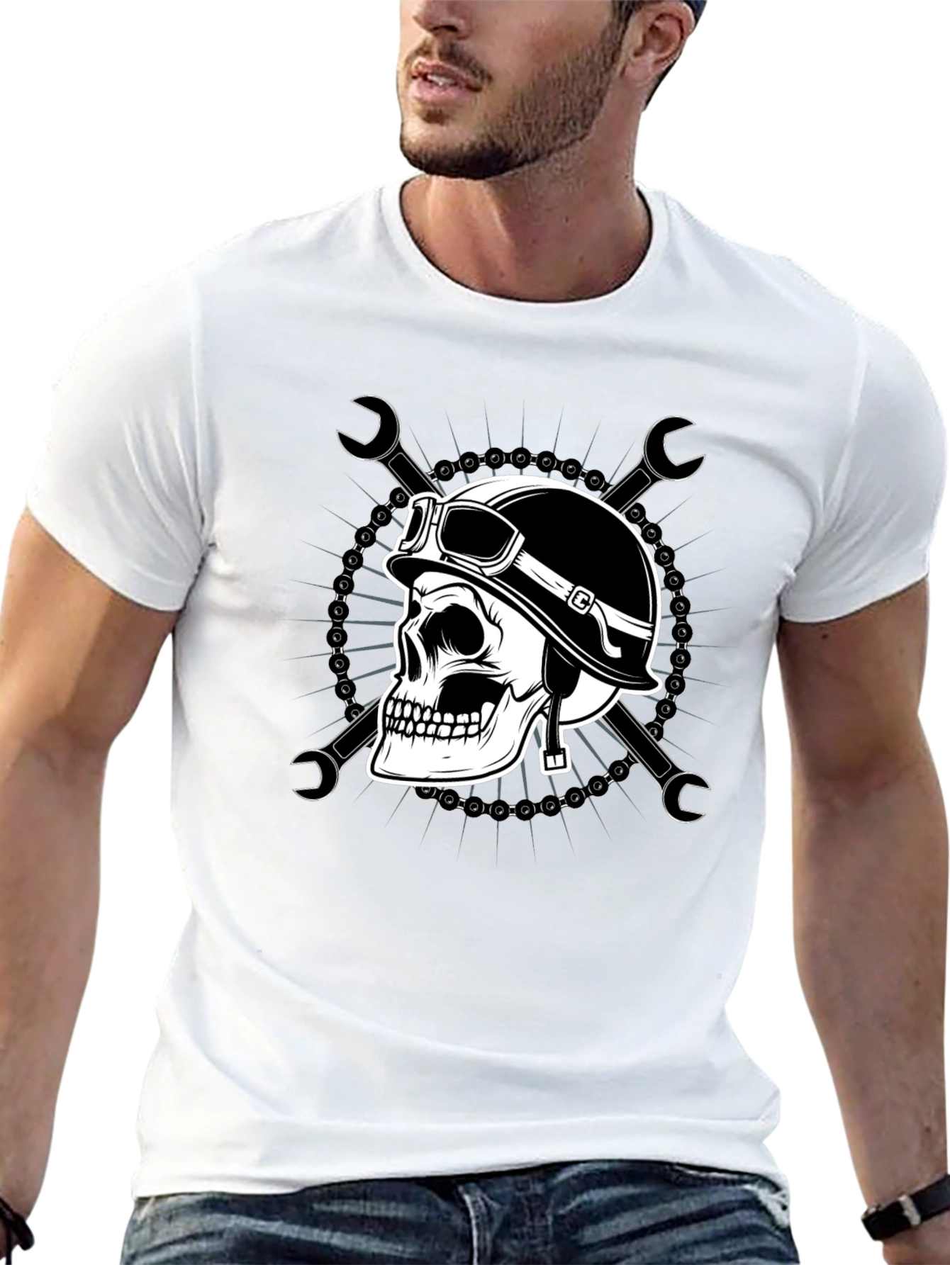 Skull Biker T-Shirt - Mens Black Graphic Tee