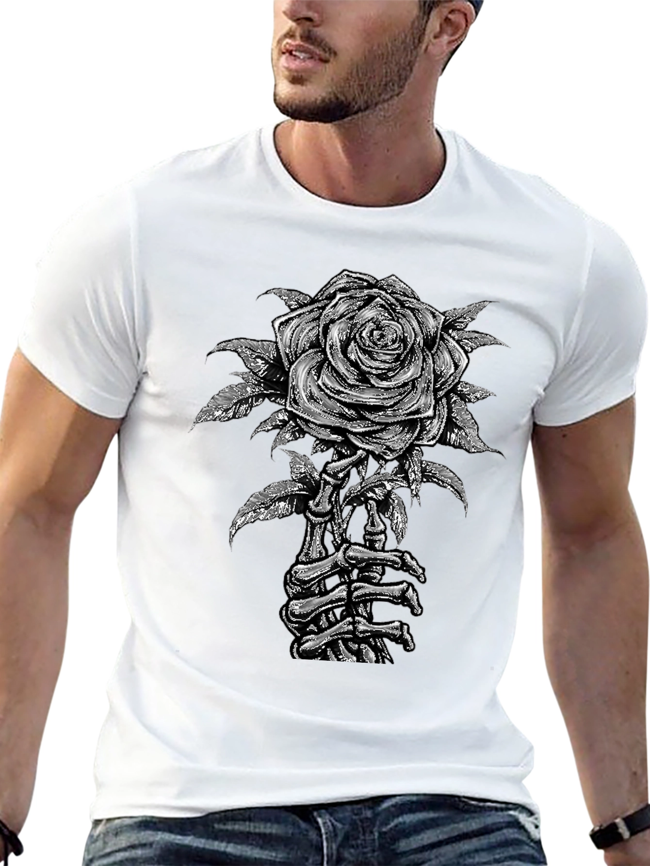 Rose Skeleton Hand Graphic Tee - Gothic Style
