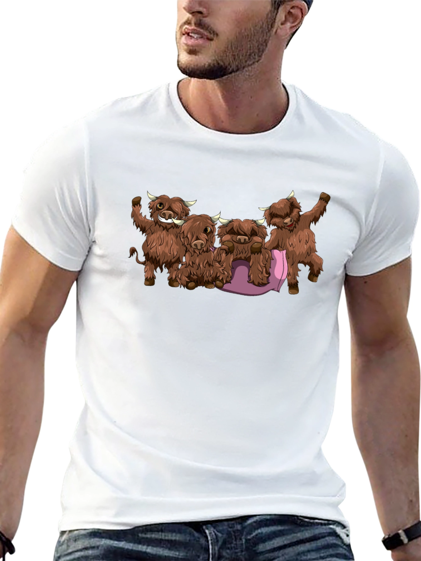 Cartoon Highland Cow Graphic Tee - Black