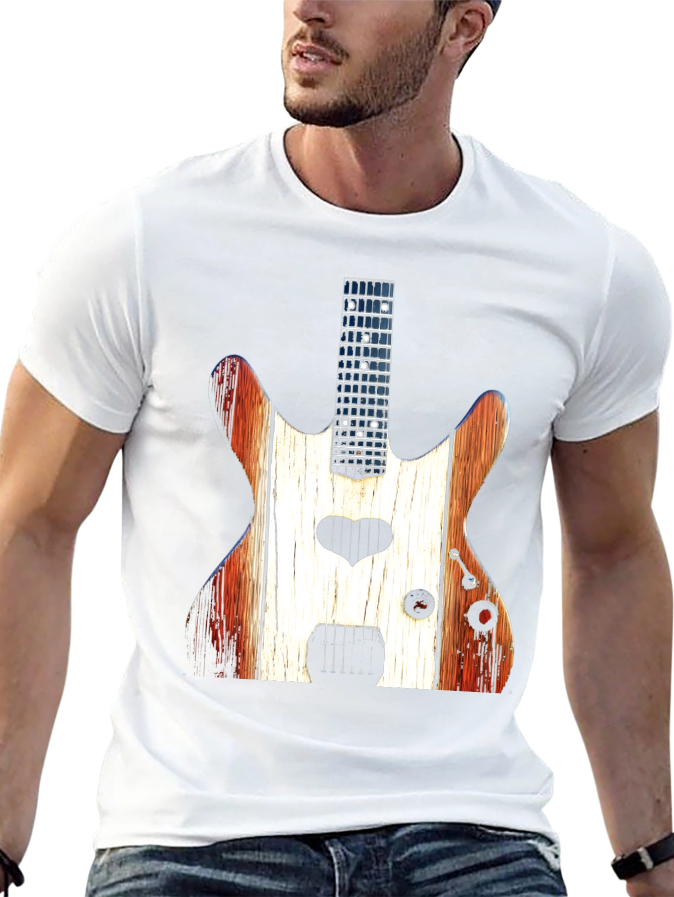 Guitar Heart Black T-Shirt - Rustic Wood Design