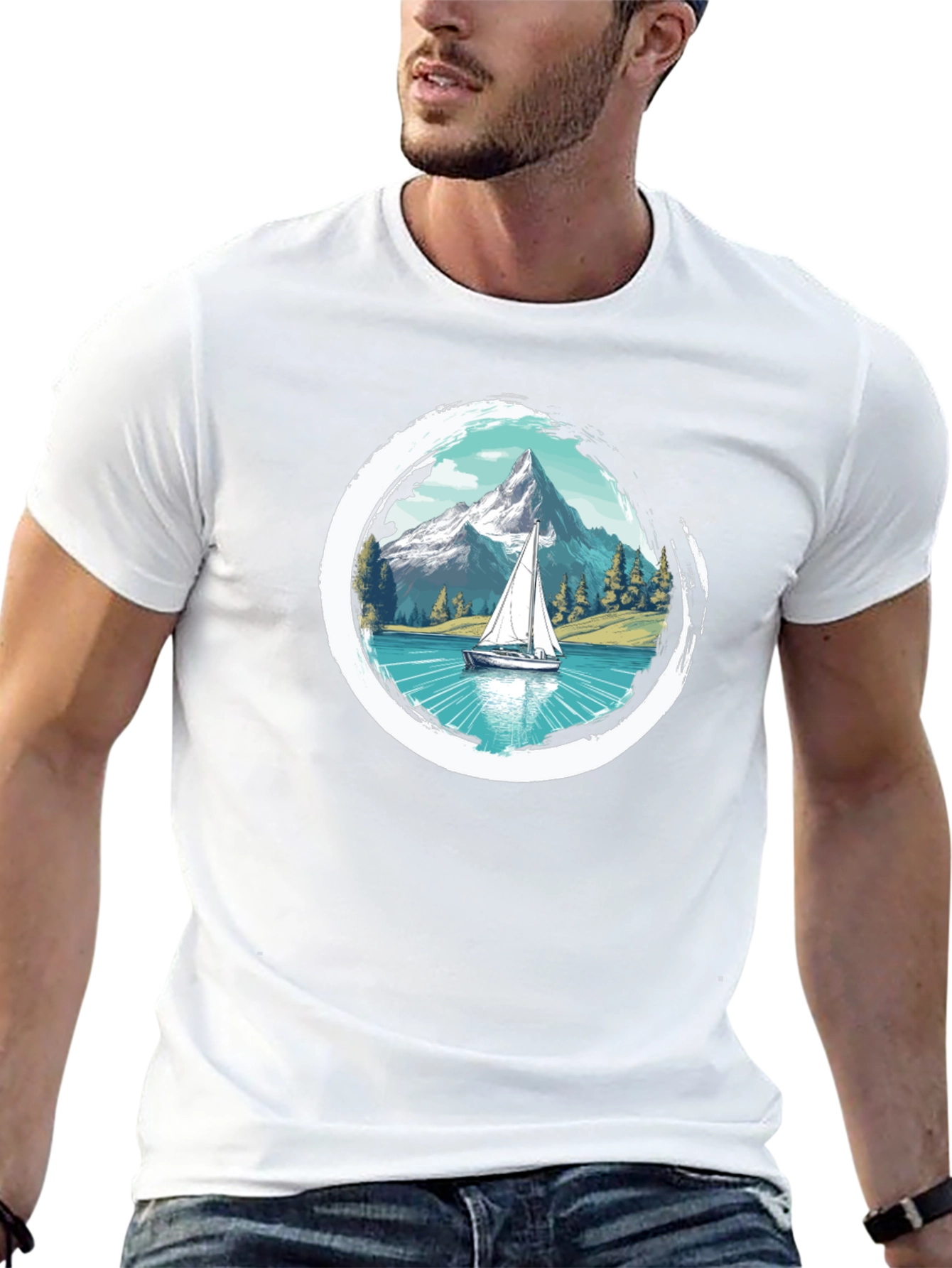 Sailboat Mountain Scene Graphic Tee