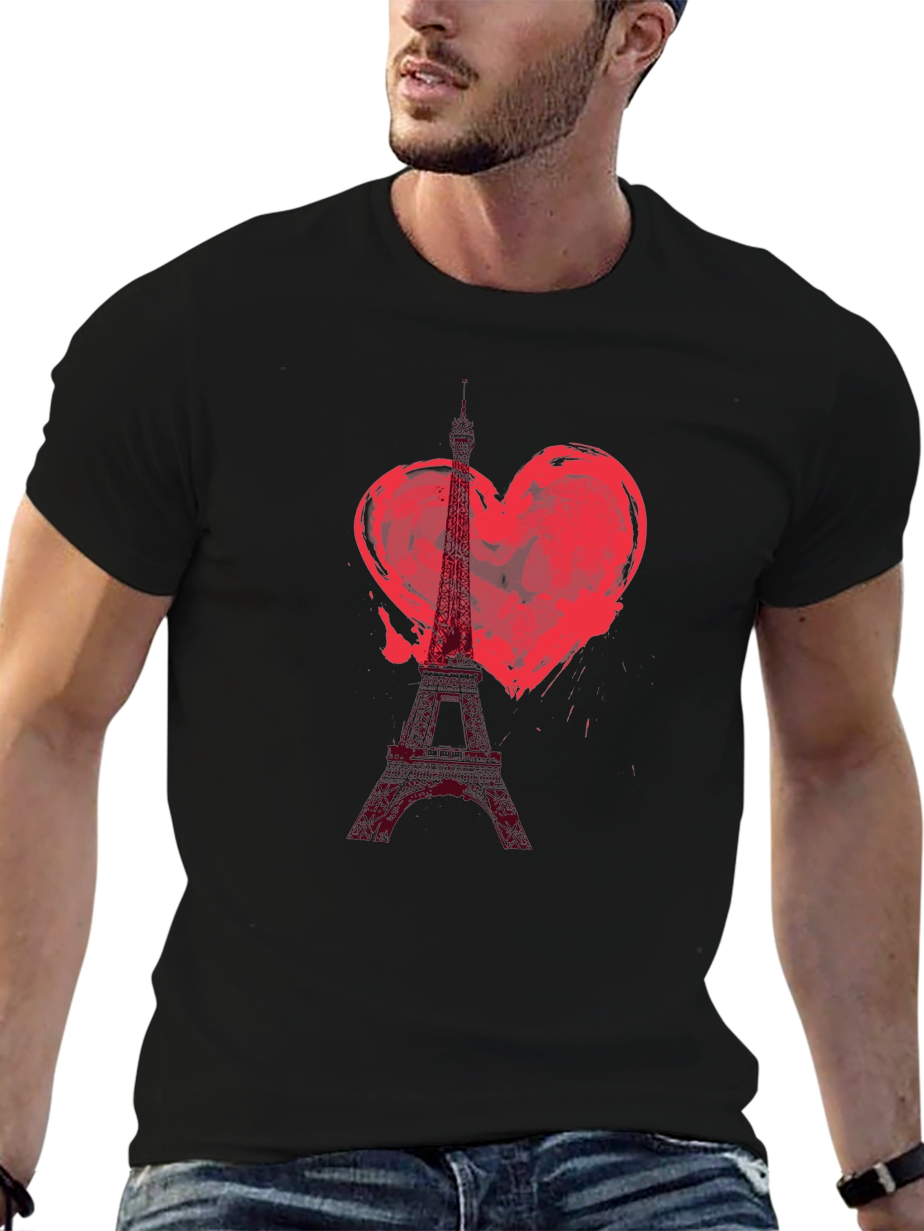 Paris Eiffel Tower Heart Graphic T-Shirt - Black