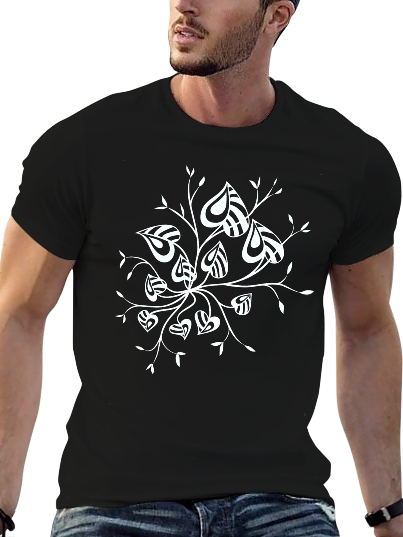Stylish Black T-Shirt with Abstract Leaf Design