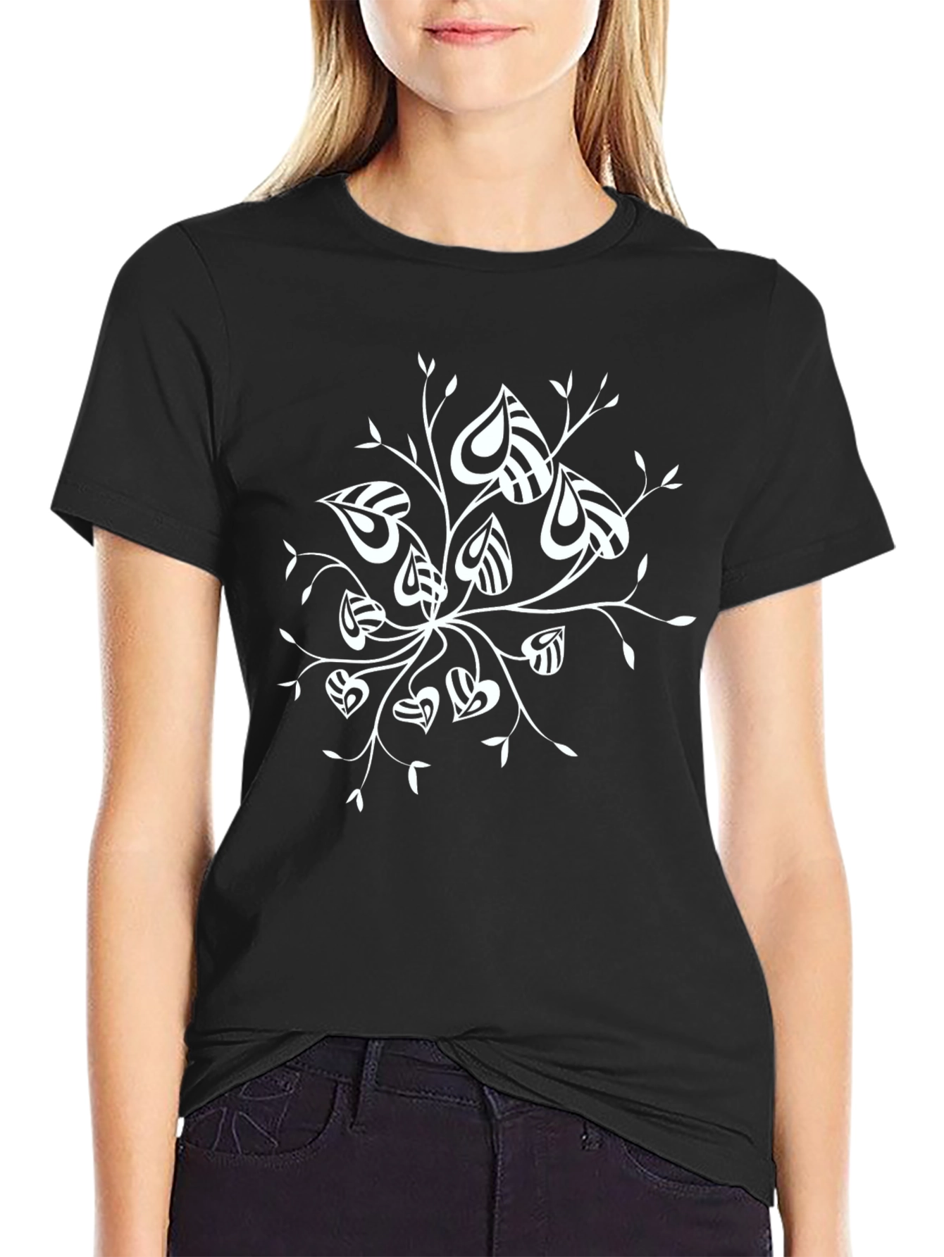 Stylish Black T-Shirt with Abstract Leaf Design