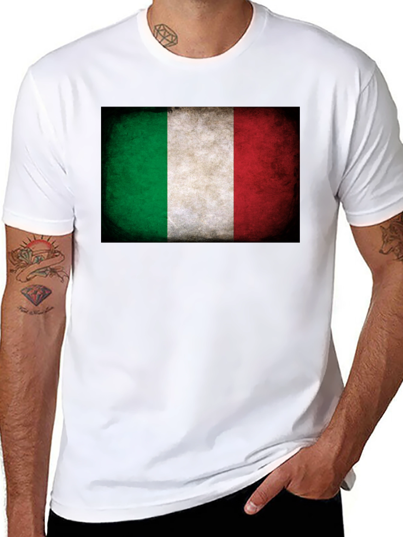 Italian Flag Grunge Graphic Tee - Black Cotton T-Shirt