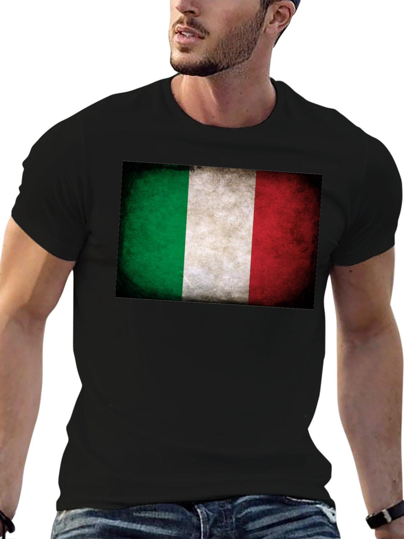 Italian Flag Grunge Graphic Tee - Black Cotton T-Shirt