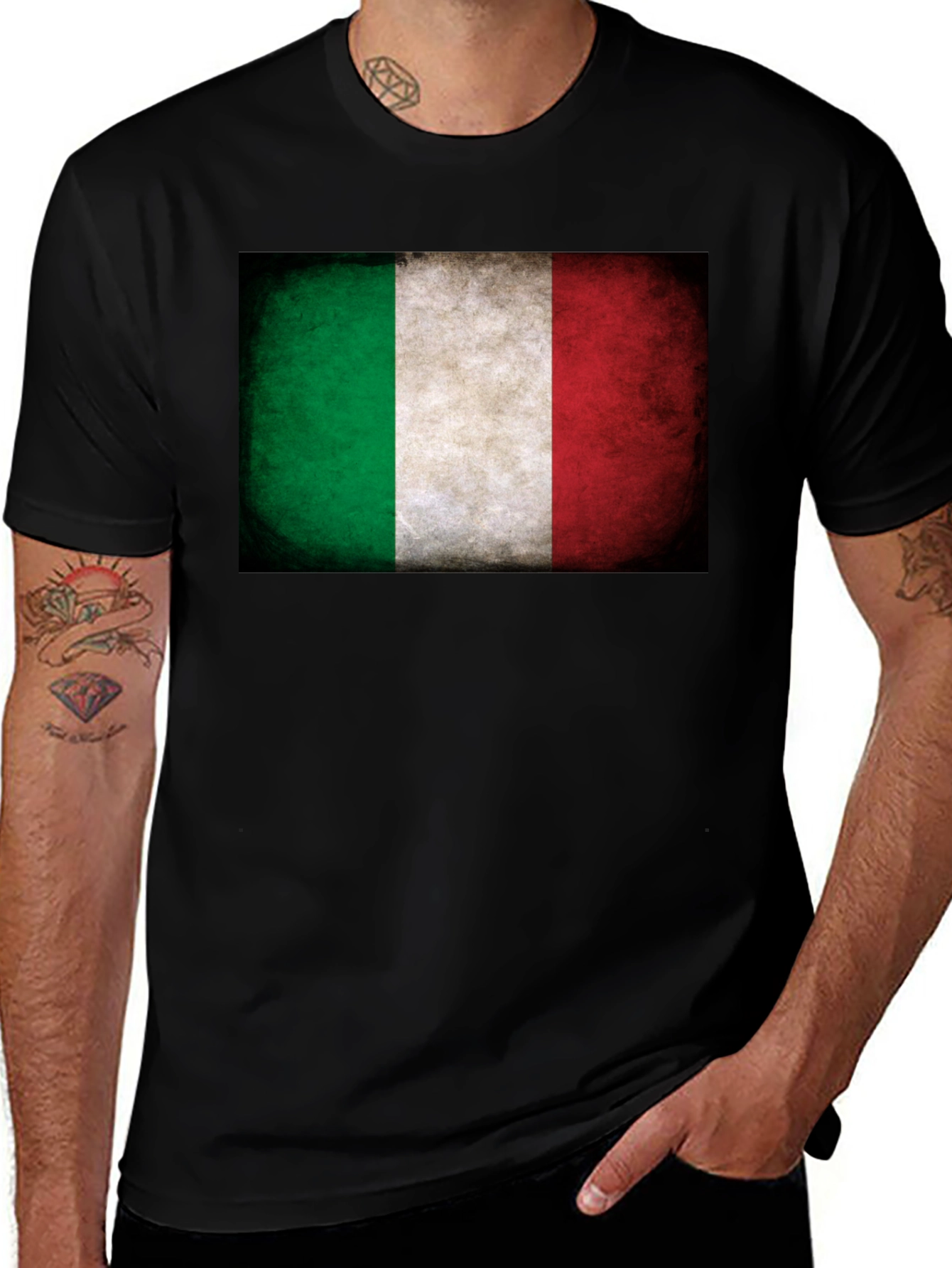 Italian Flag Grunge Graphic Tee - Black Cotton T-Shirt