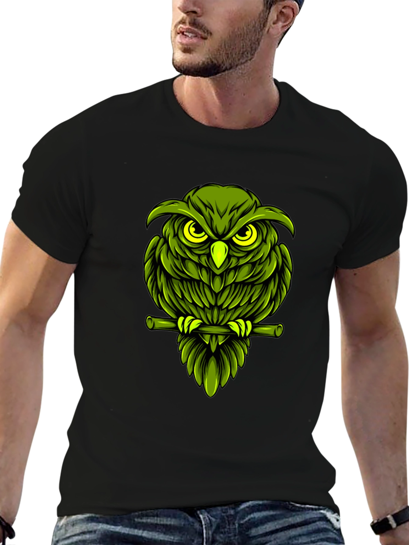 Green Owl Graphic T-Shirt - Mens Black Tee