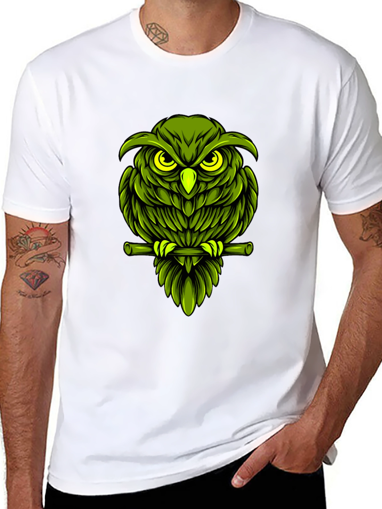 Green Owl Graphic T-Shirt - Mens Black Tee