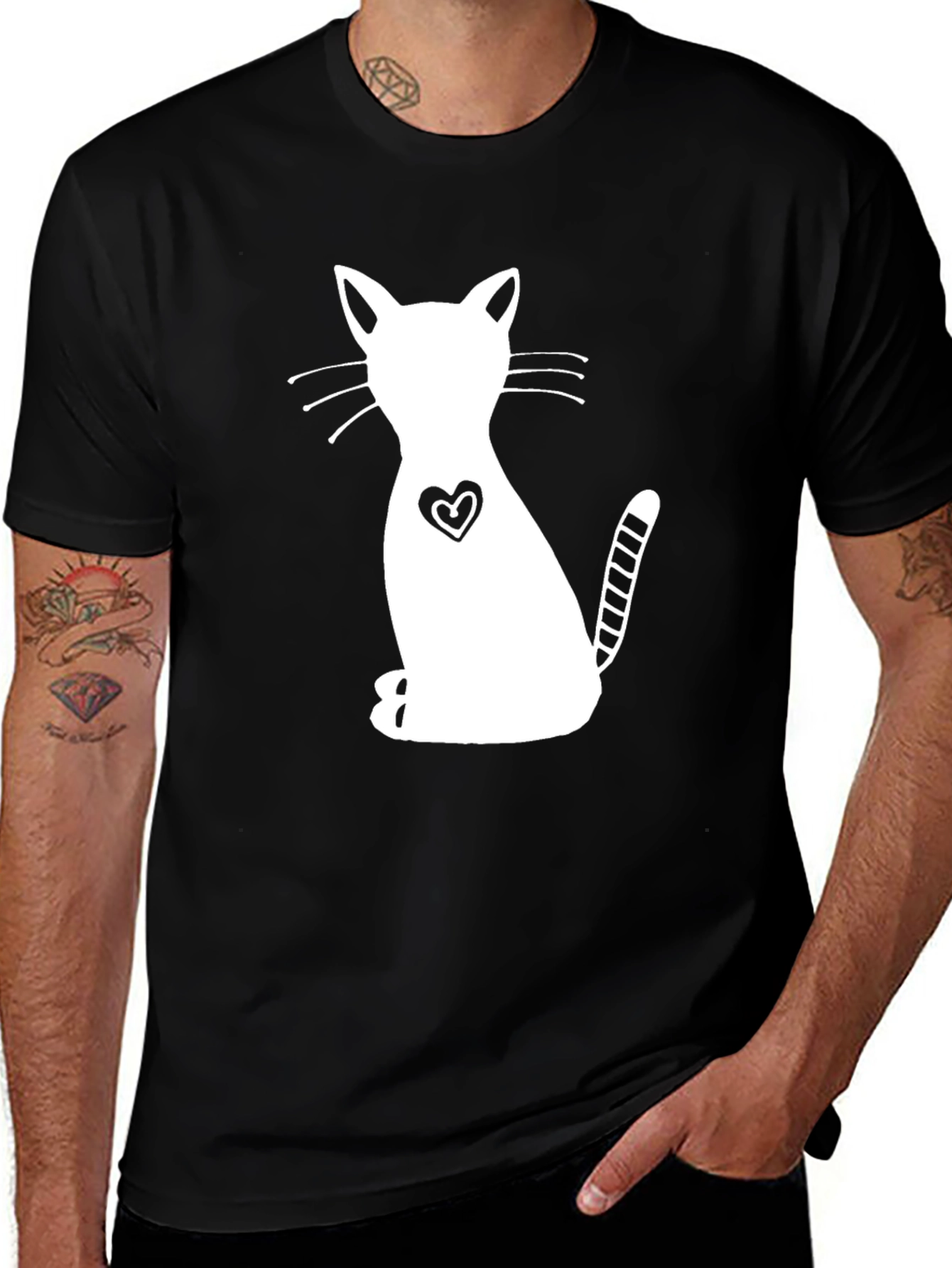 Cute Cat Heart Graphic Black T-Shirt