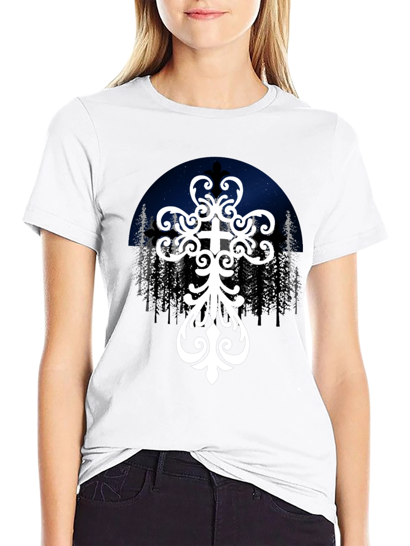 Ornate Cross Graphic Tee - Night Sky Design