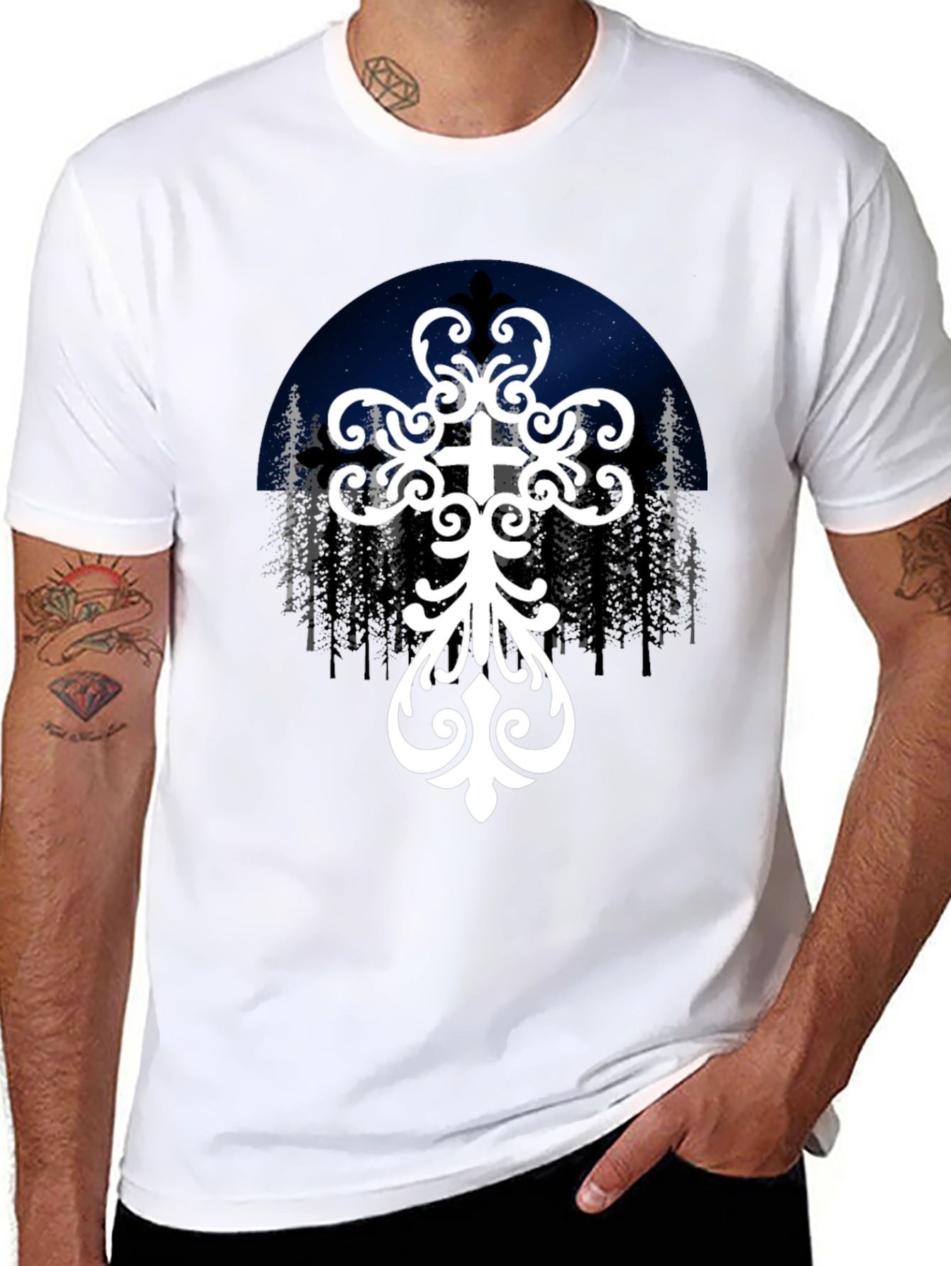 Ornate Cross Graphic Tee - Night Sky Design