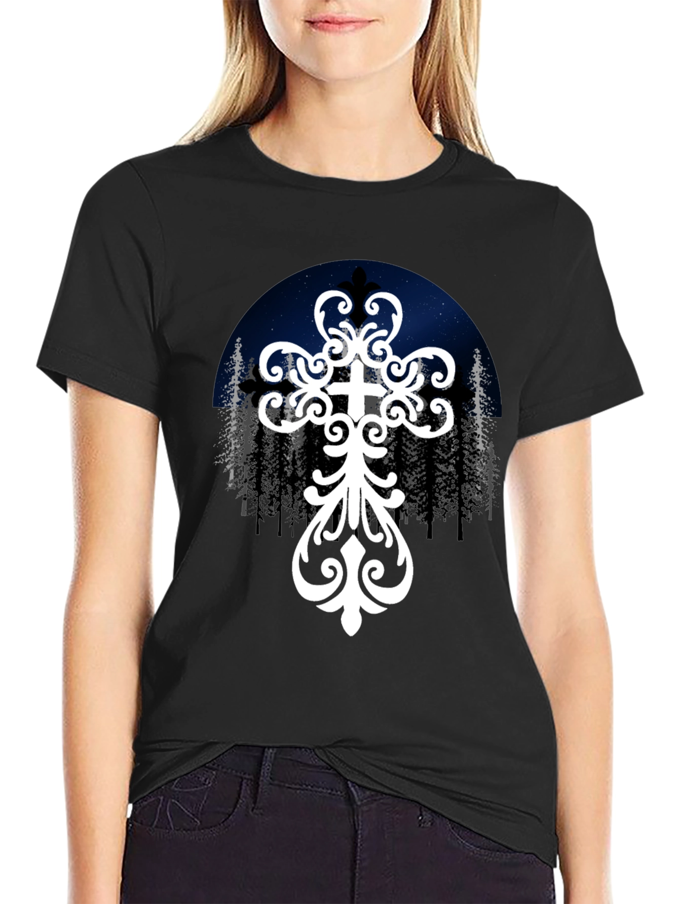Ornate Cross Graphic Tee - Night Sky Design