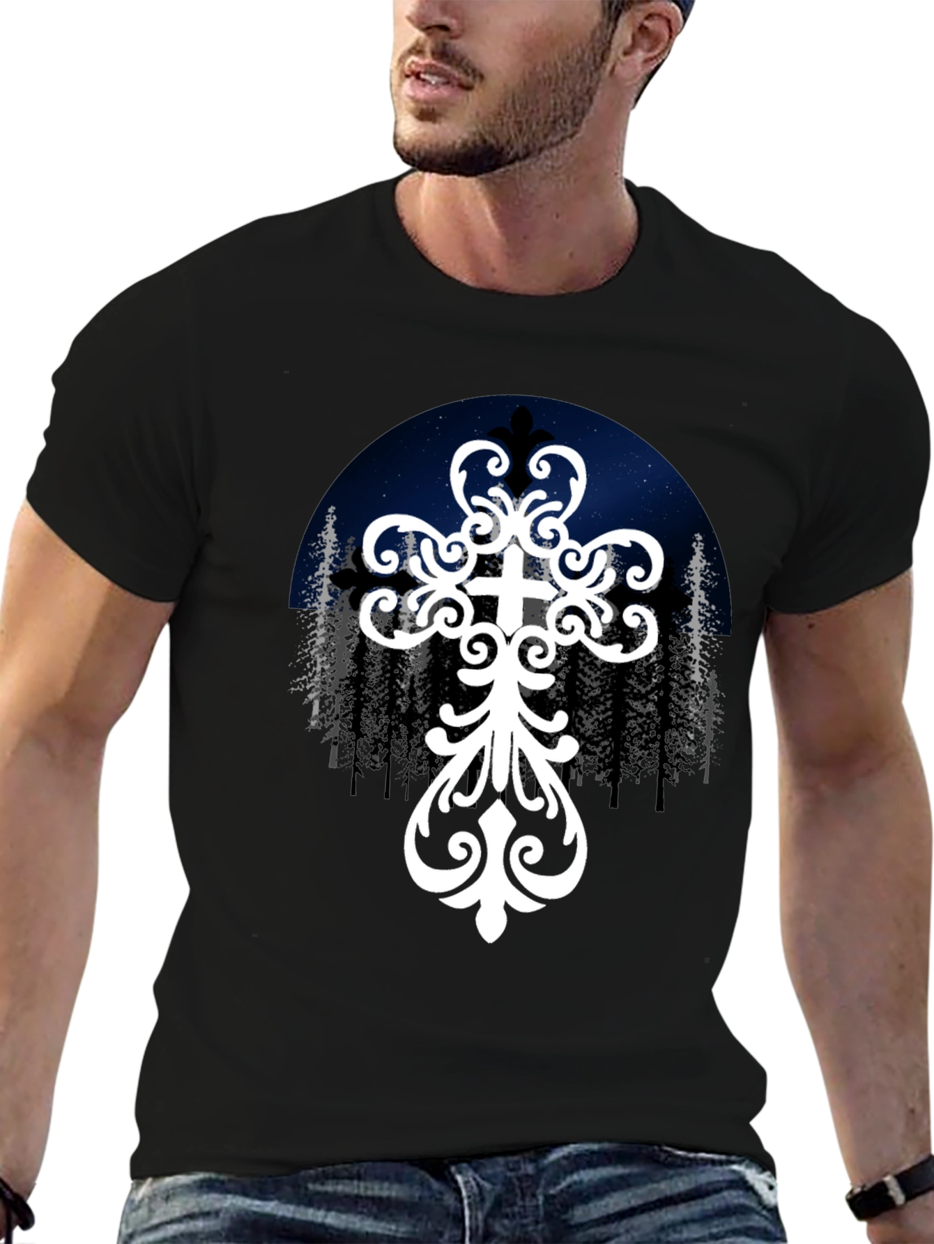 Ornate Cross Graphic Tee - Night Sky Design