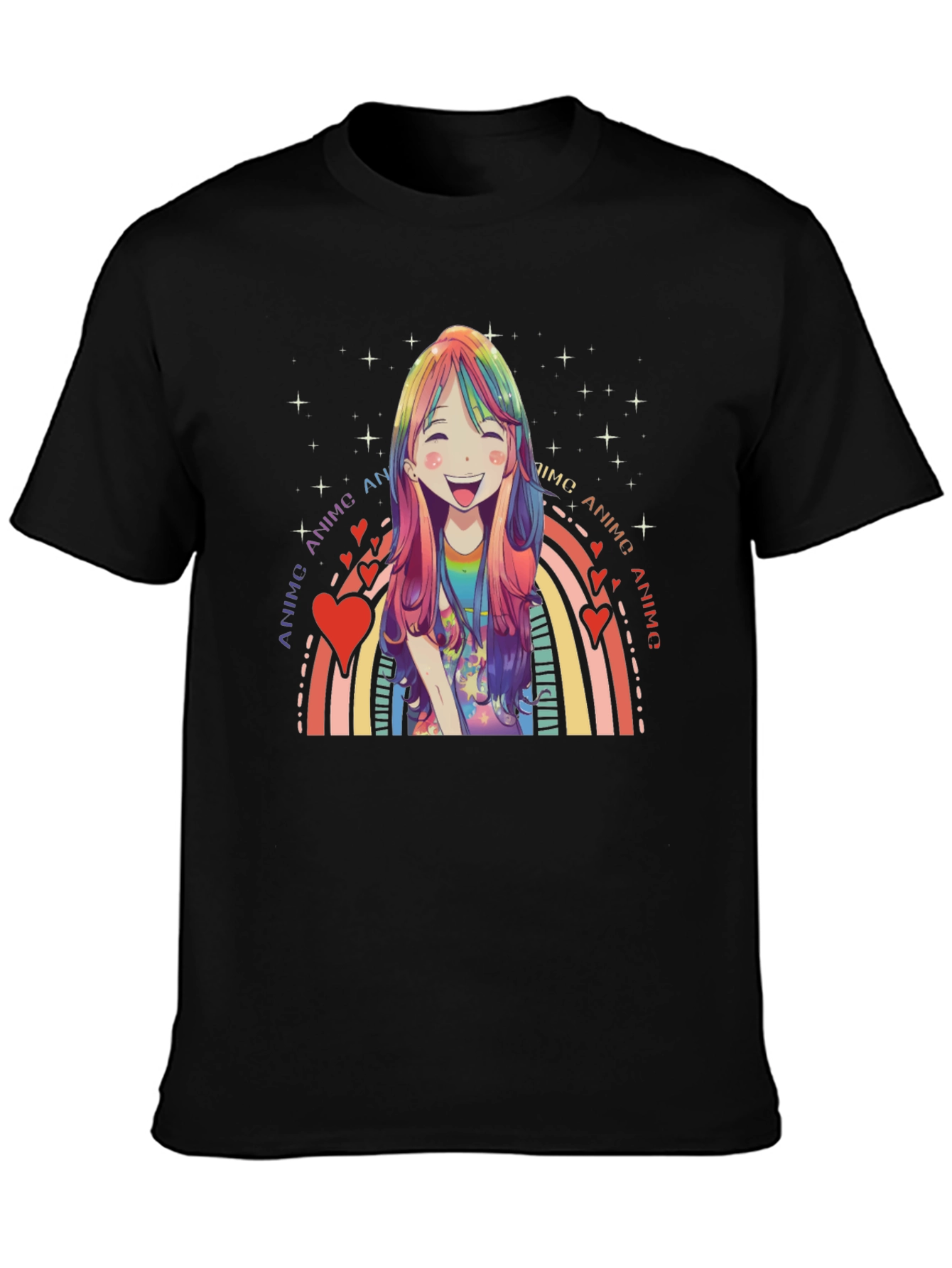 Anime Rainbow Heart Graphic Black T-Shirt