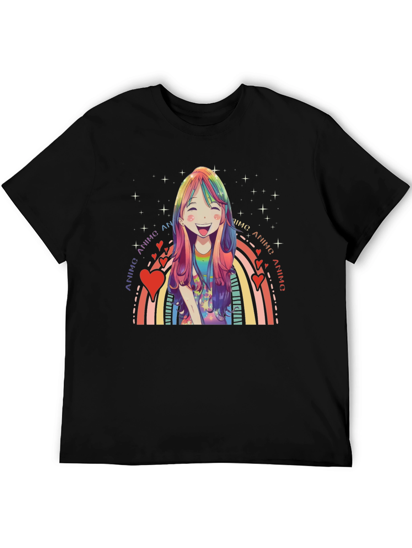 Anime Rainbow Heart Graphic Black T-Shirt