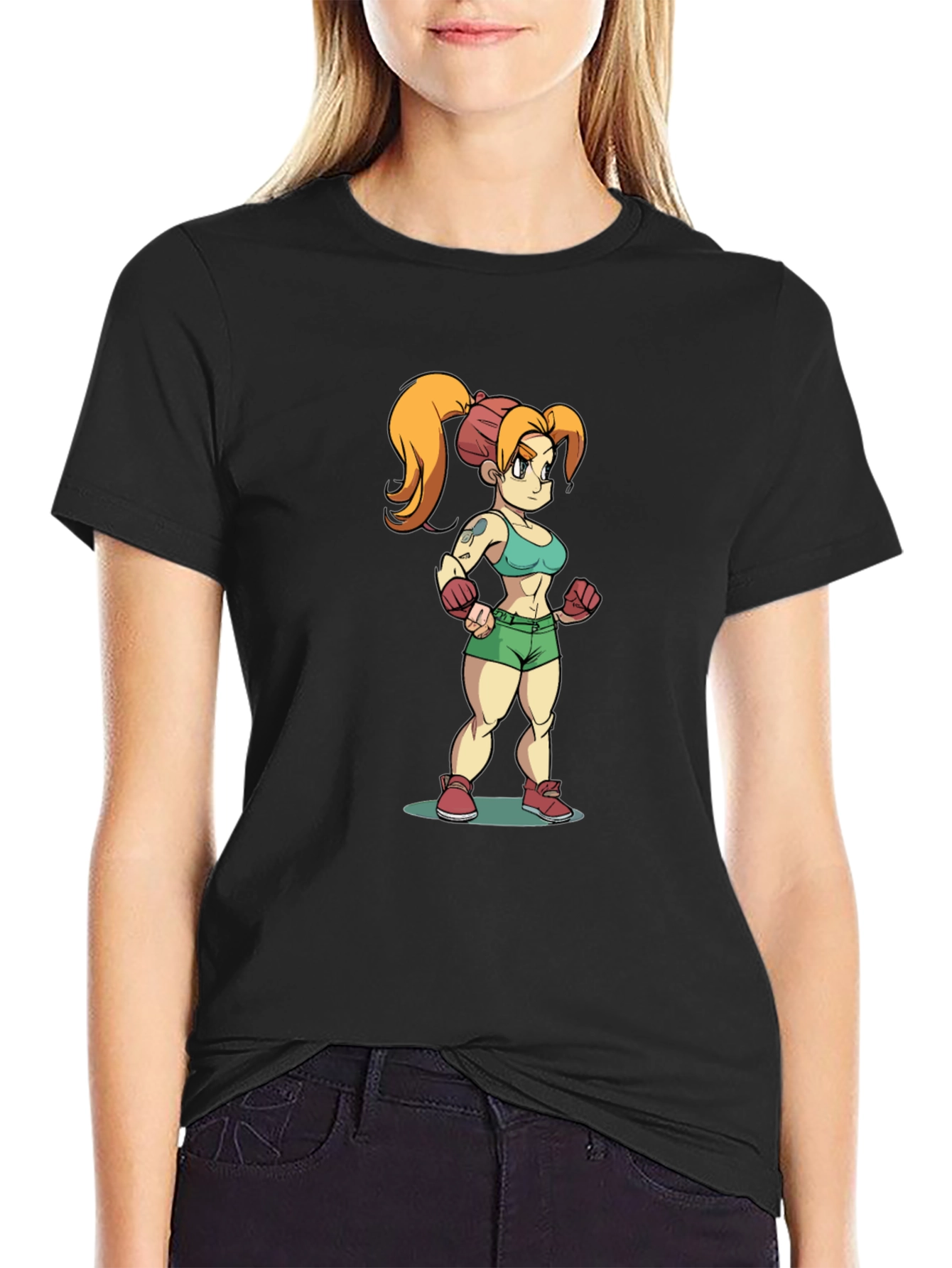 Cartoon Fighter Girl Black T-Shirt