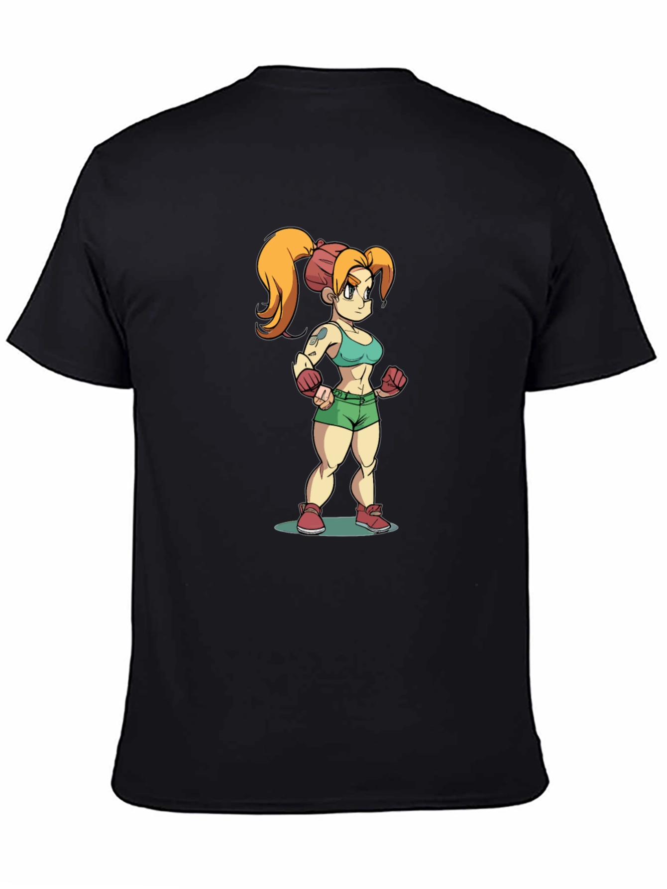 Cartoon Fighter Girl Black T-Shirt