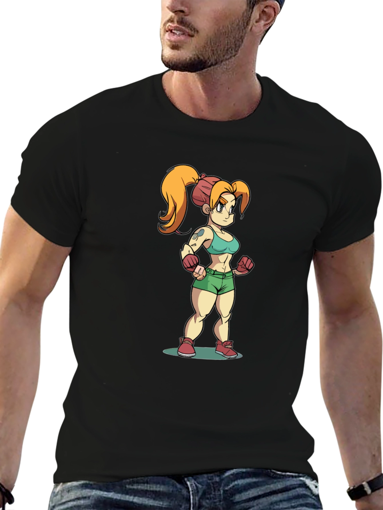 Cartoon Fighter Girl Black T-Shirt
