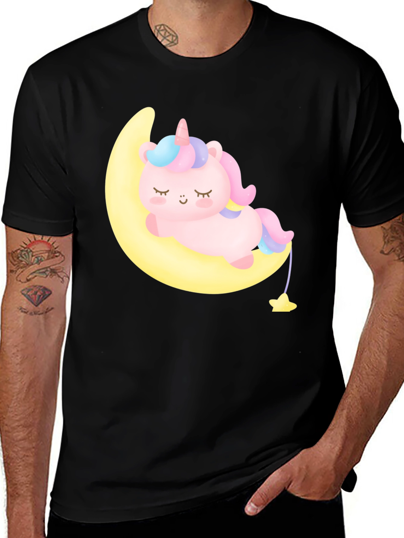 Cute Unicorn on Moon Black T-Shirt