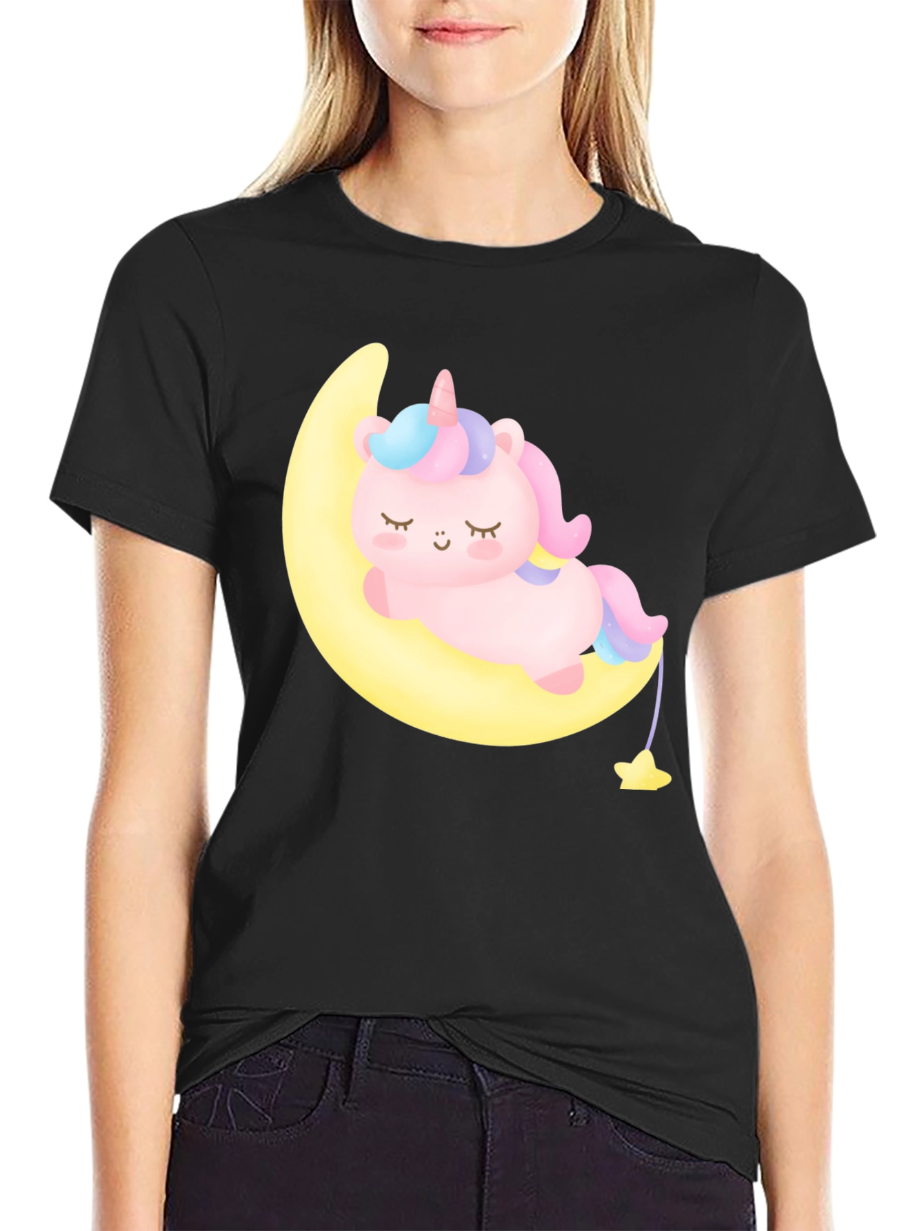 Cute Unicorn on Moon Black T-Shirt