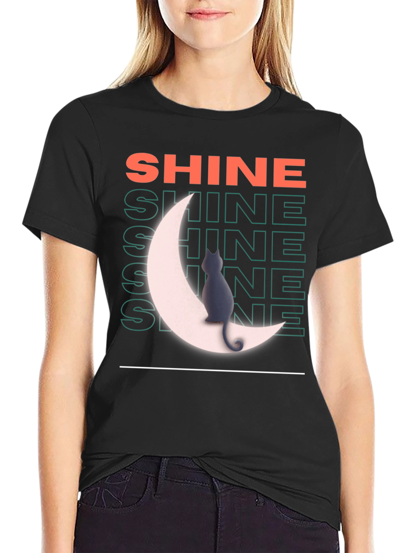 Shine Cat on Moon Graphic T-Shirt