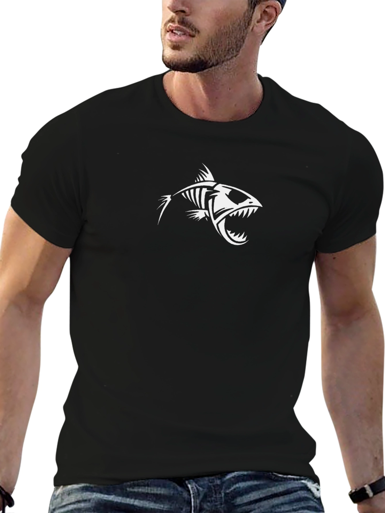 Mens Black Graphic Tee - Fish Skeleton Design