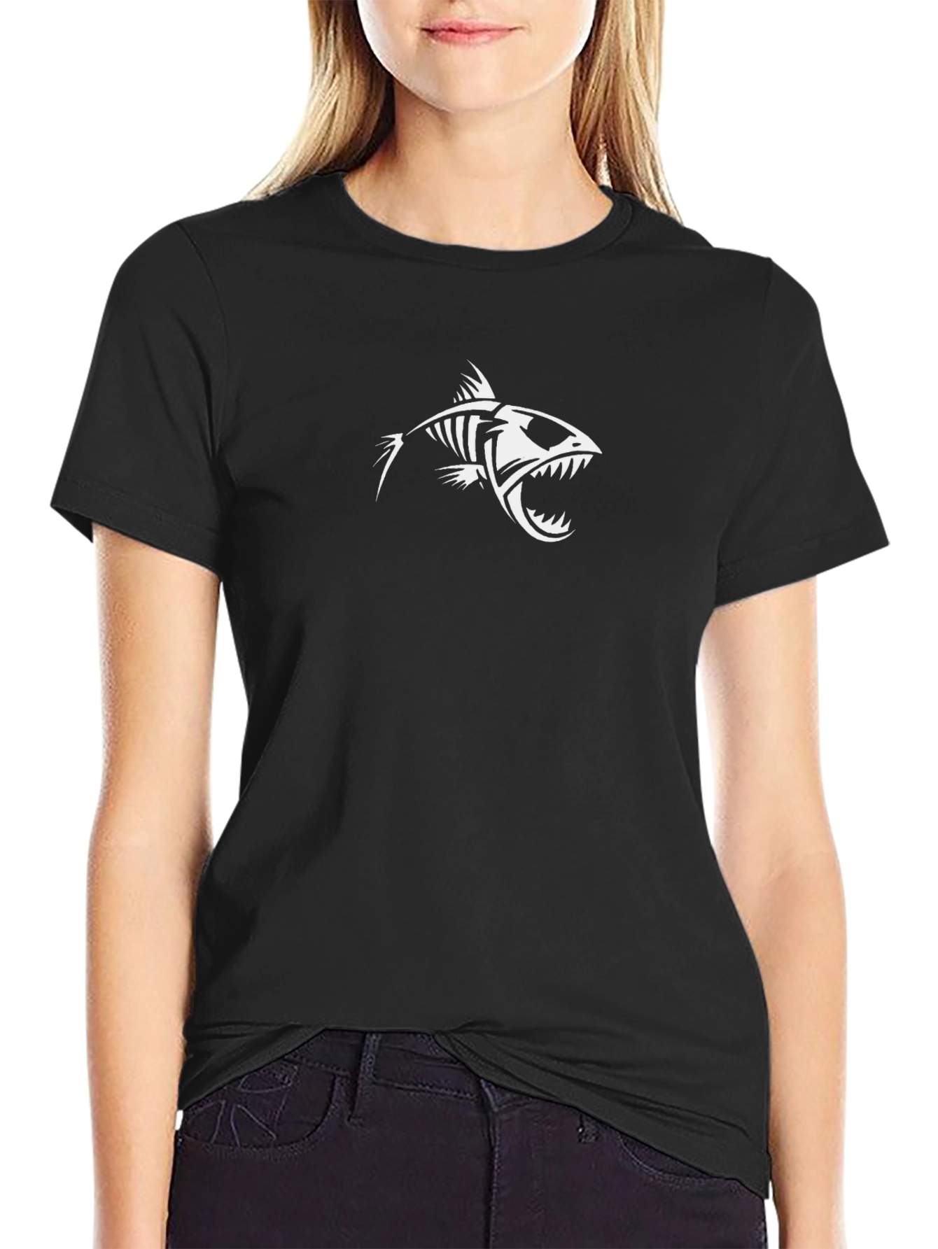 Mens Black Graphic Tee - Fish Skeleton Design