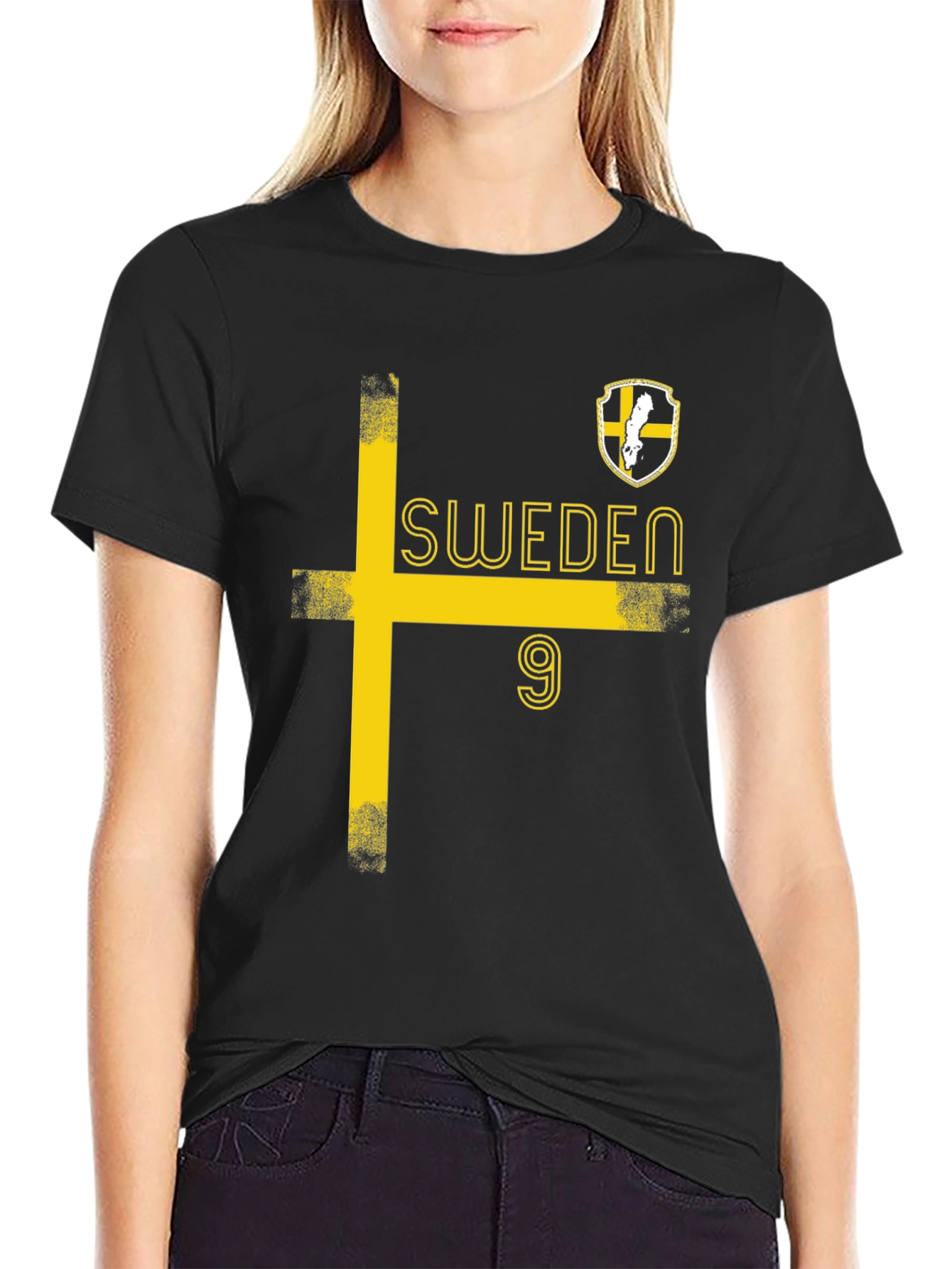 Sweden Soccer T-Shirt - Black with Yellow Design