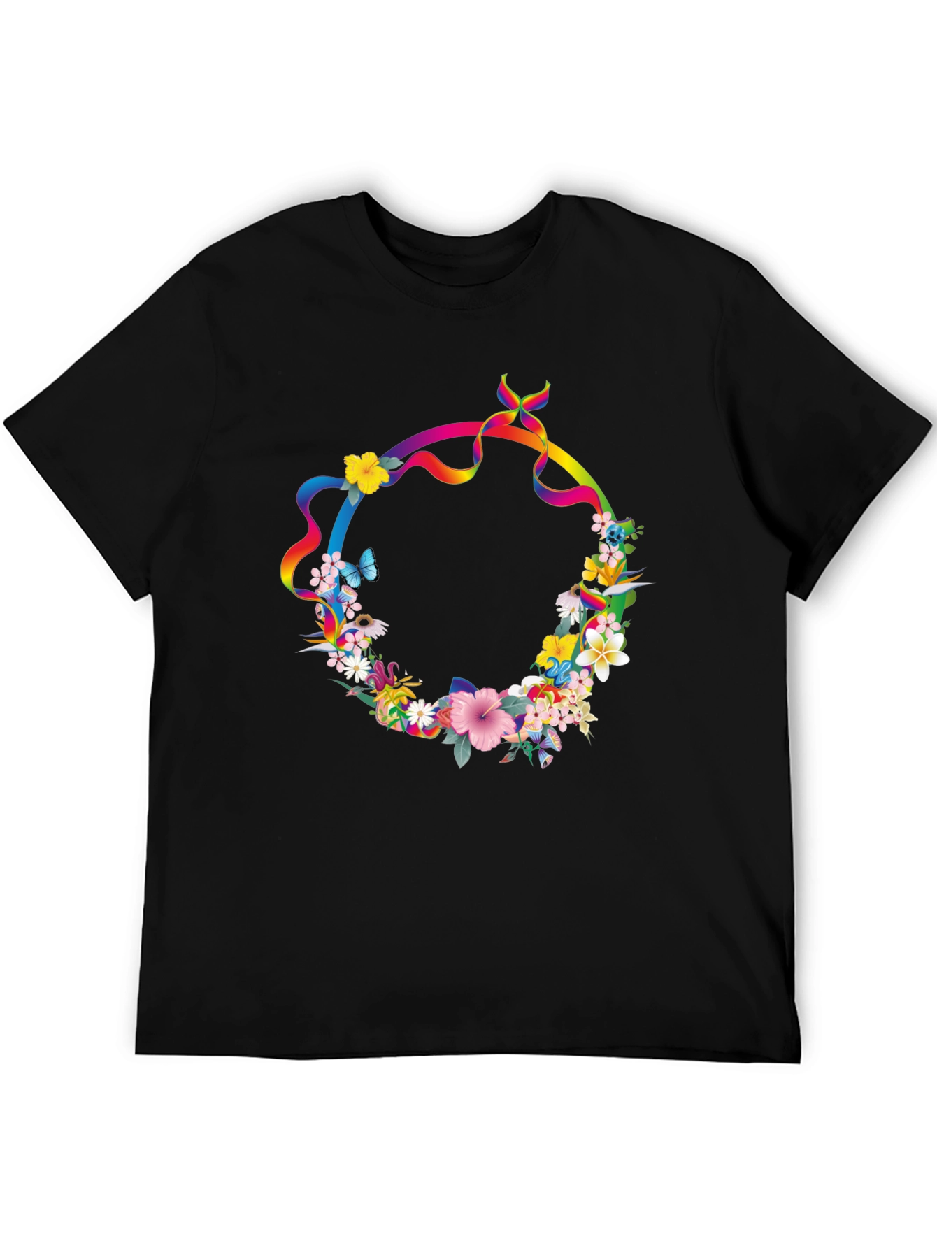 Floral Rainbow Ribbon Wreath Black T-Shirt