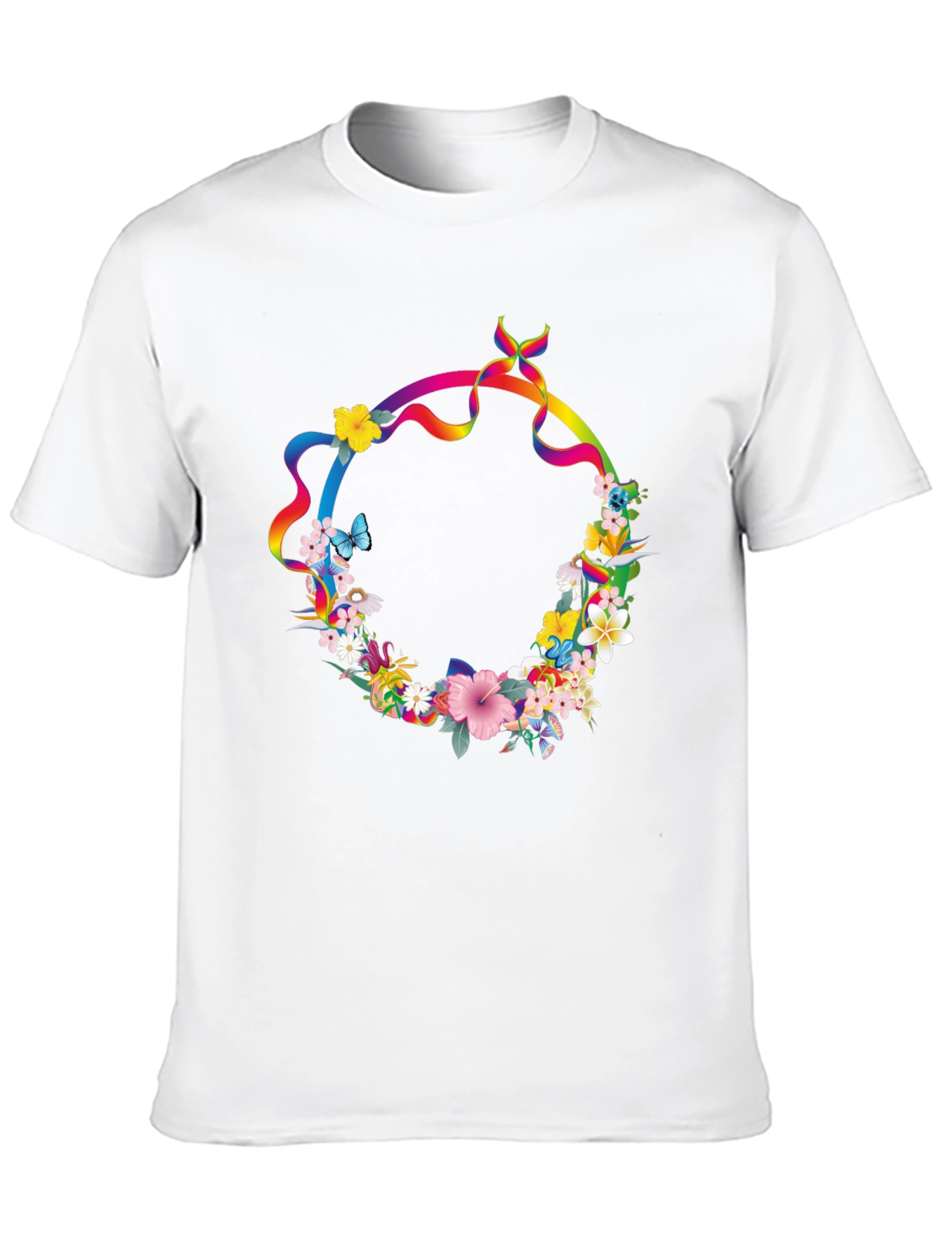 Floral Rainbow Ribbon Wreath Black T-Shirt