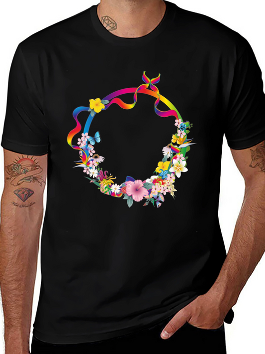 Floral Rainbow Ribbon Wreath Black T-Shirt
