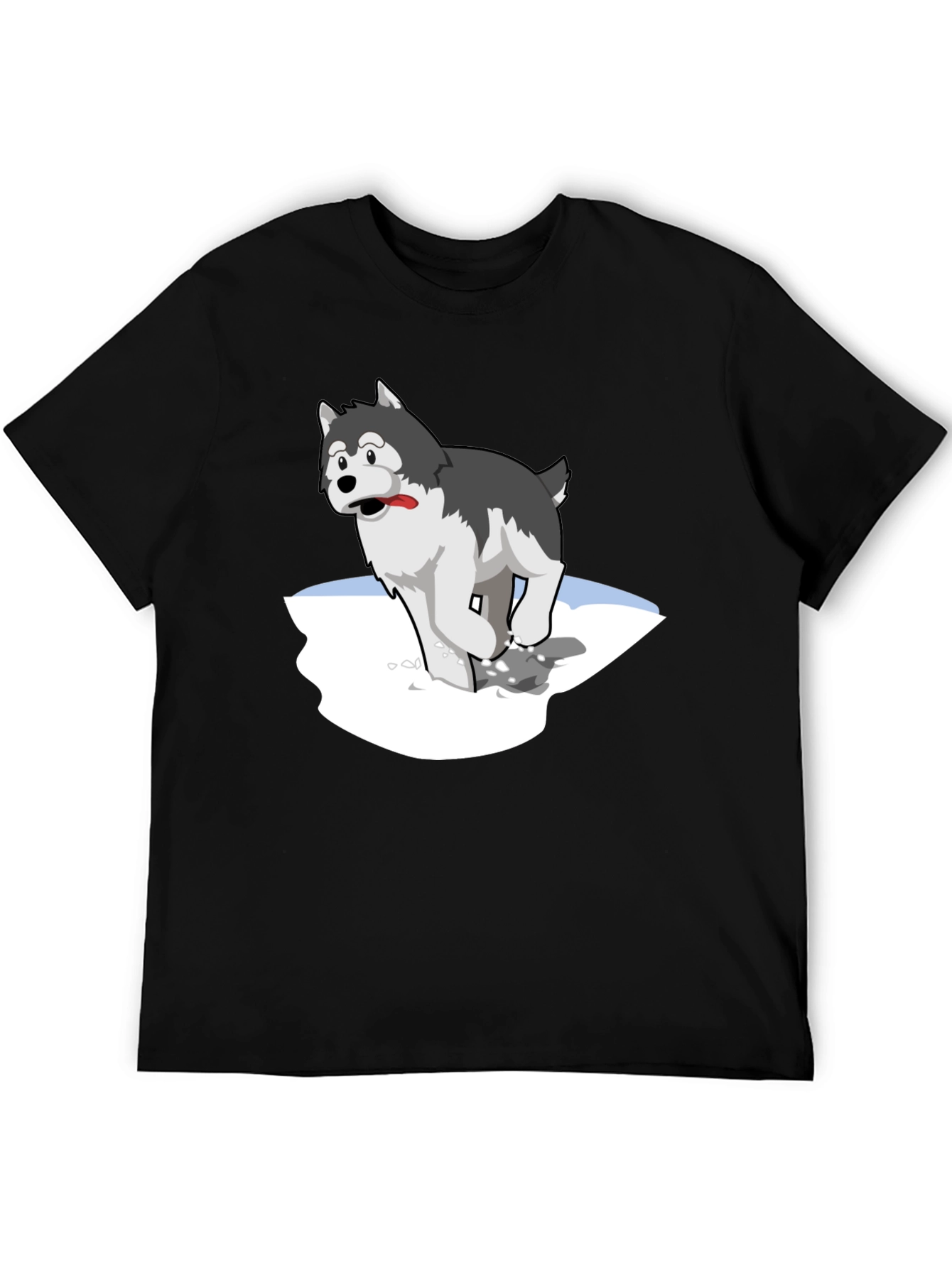Cartoon Husky on Black T-Shirt