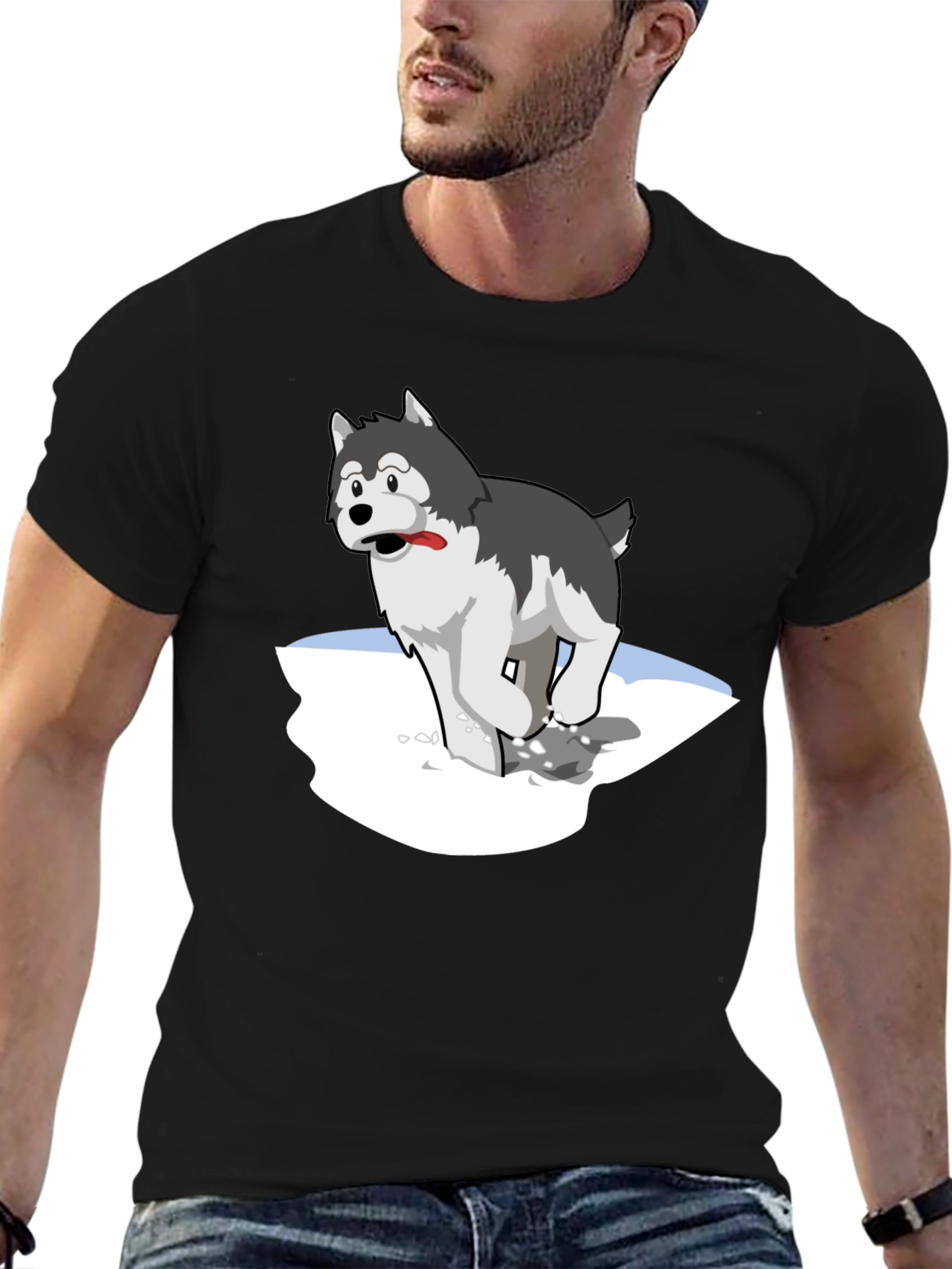 Cartoon Husky on Black T-Shirt