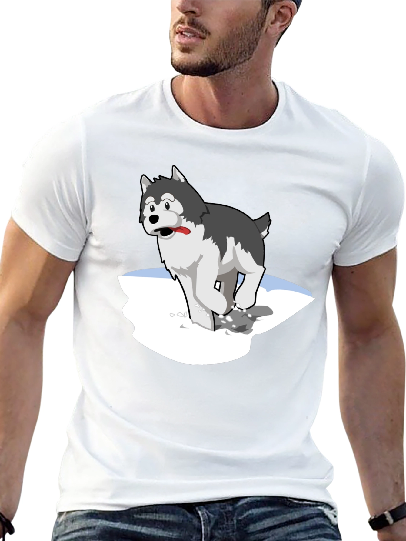 Cartoon Husky on Black T-Shirt