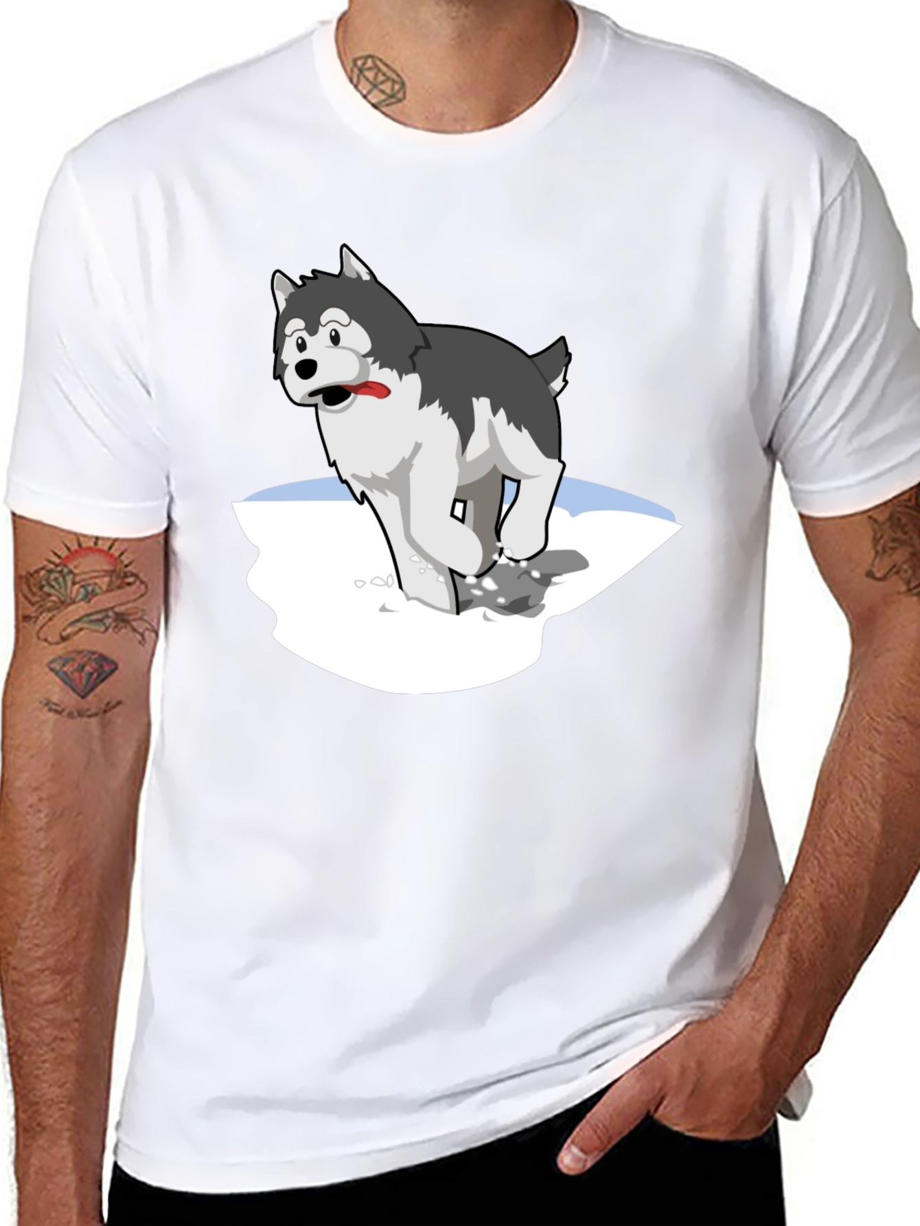 Cartoon Husky on Black T-Shirt
