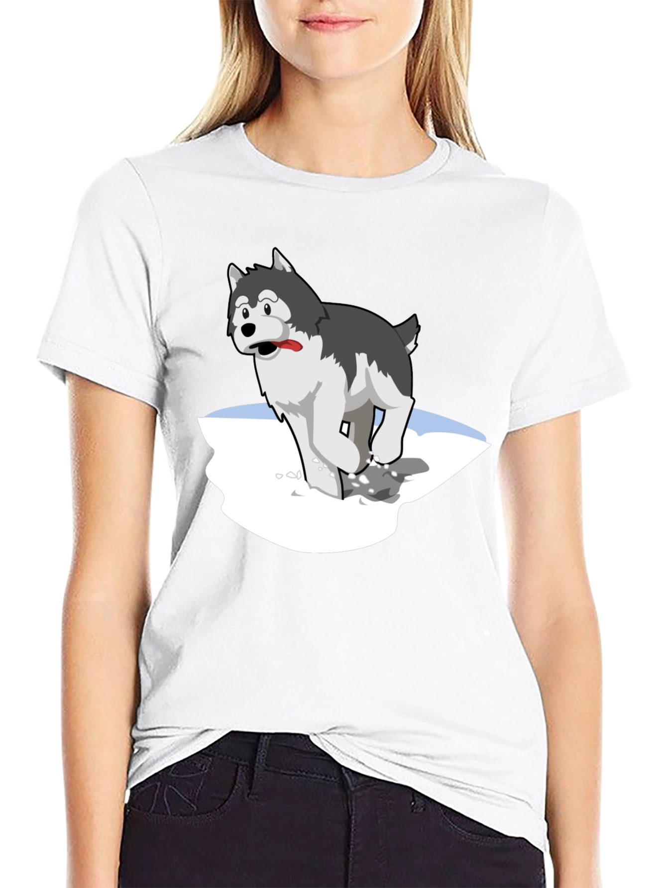 Cartoon Husky on Black T-Shirt