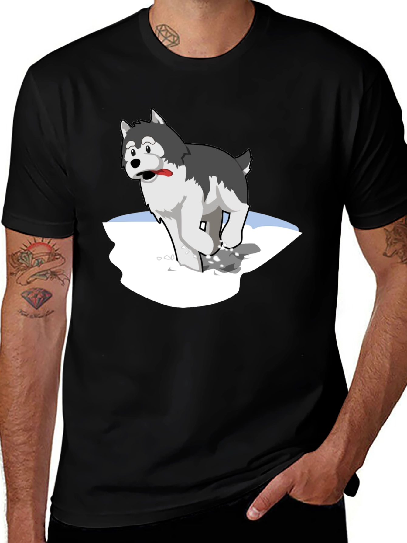 Cartoon Husky on Black T-Shirt