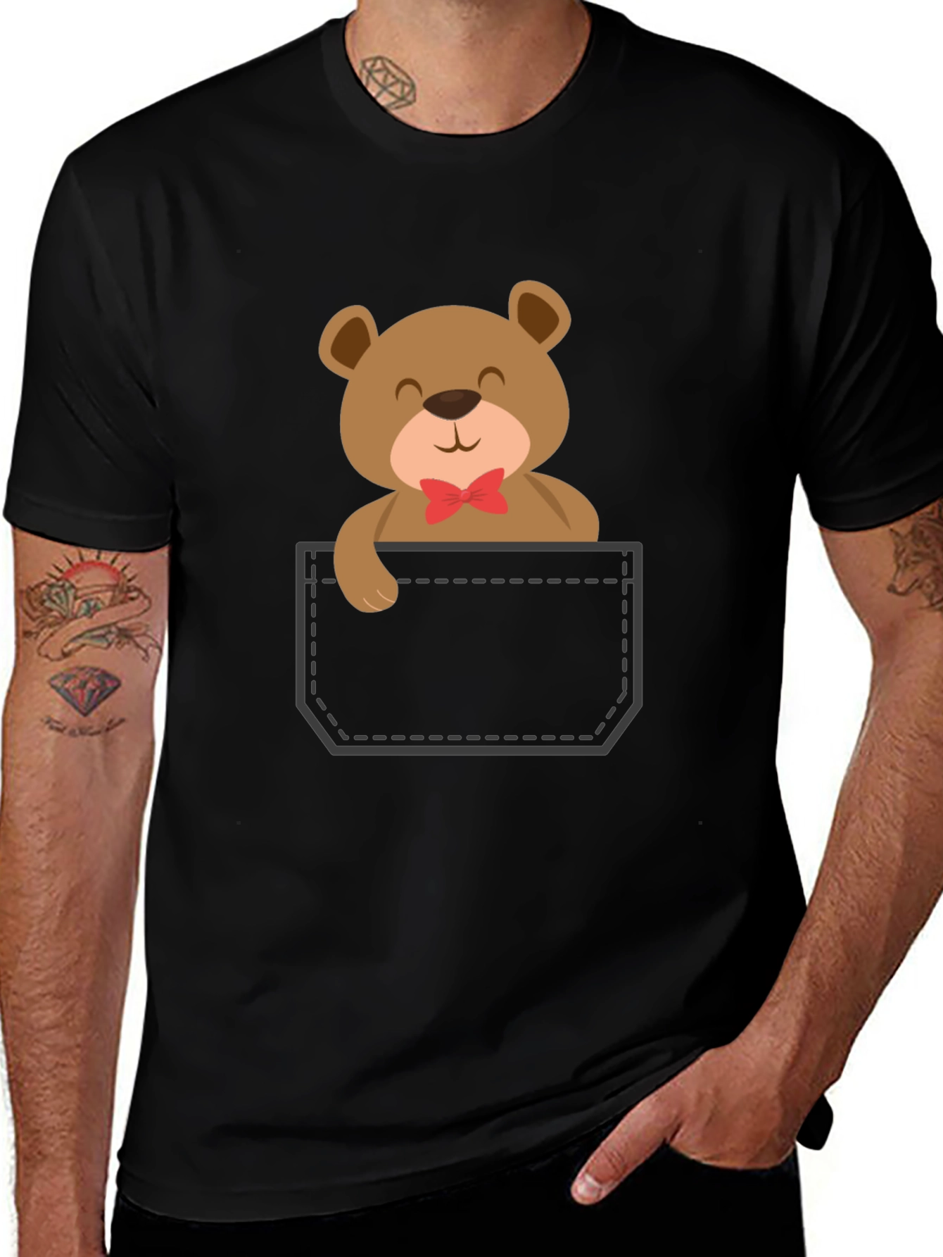 Cute Teddy Bear Pocket T-Shirt - Black