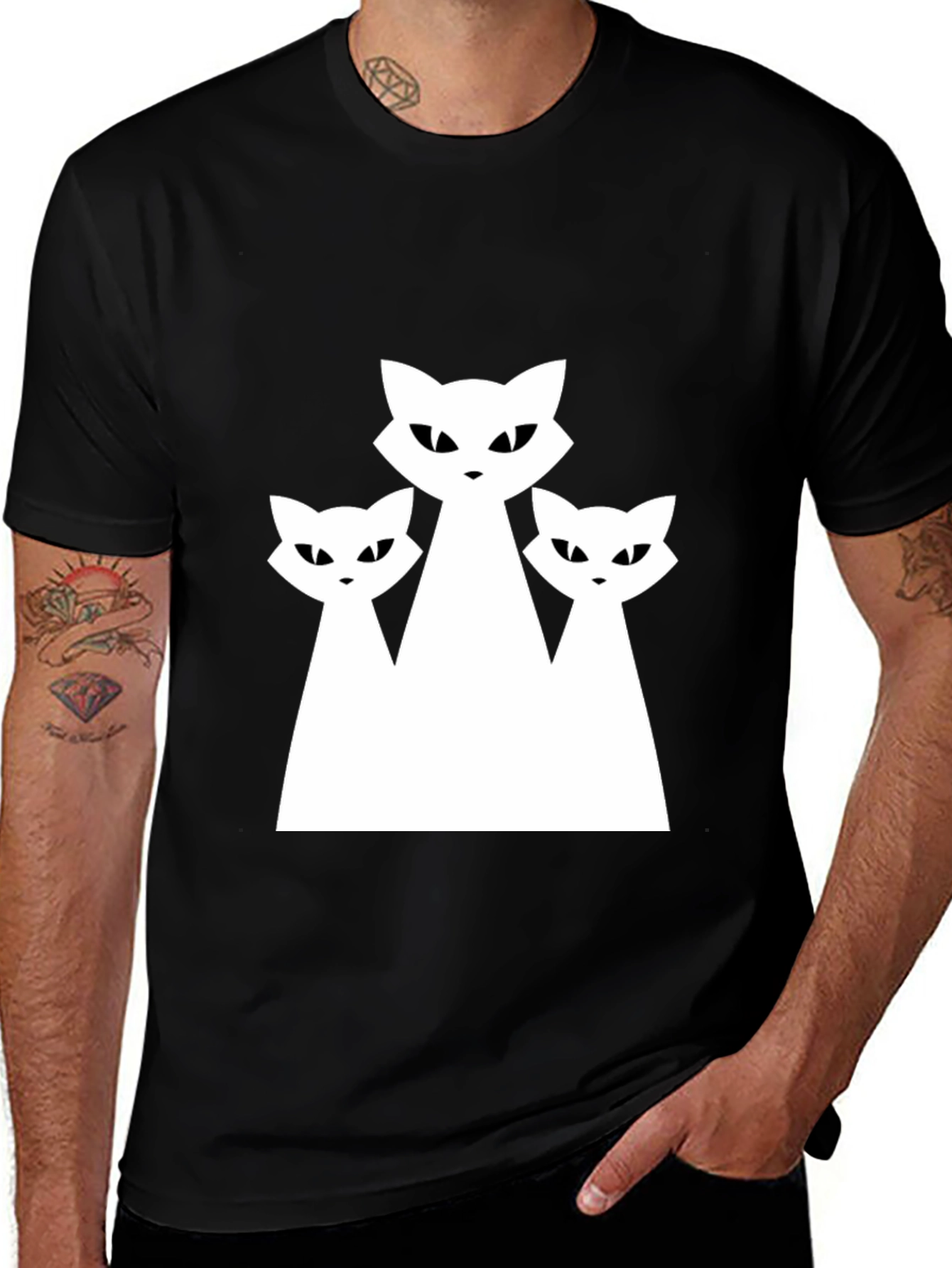 Three Cats Graphic Tee - Black Cotton T-Shirt